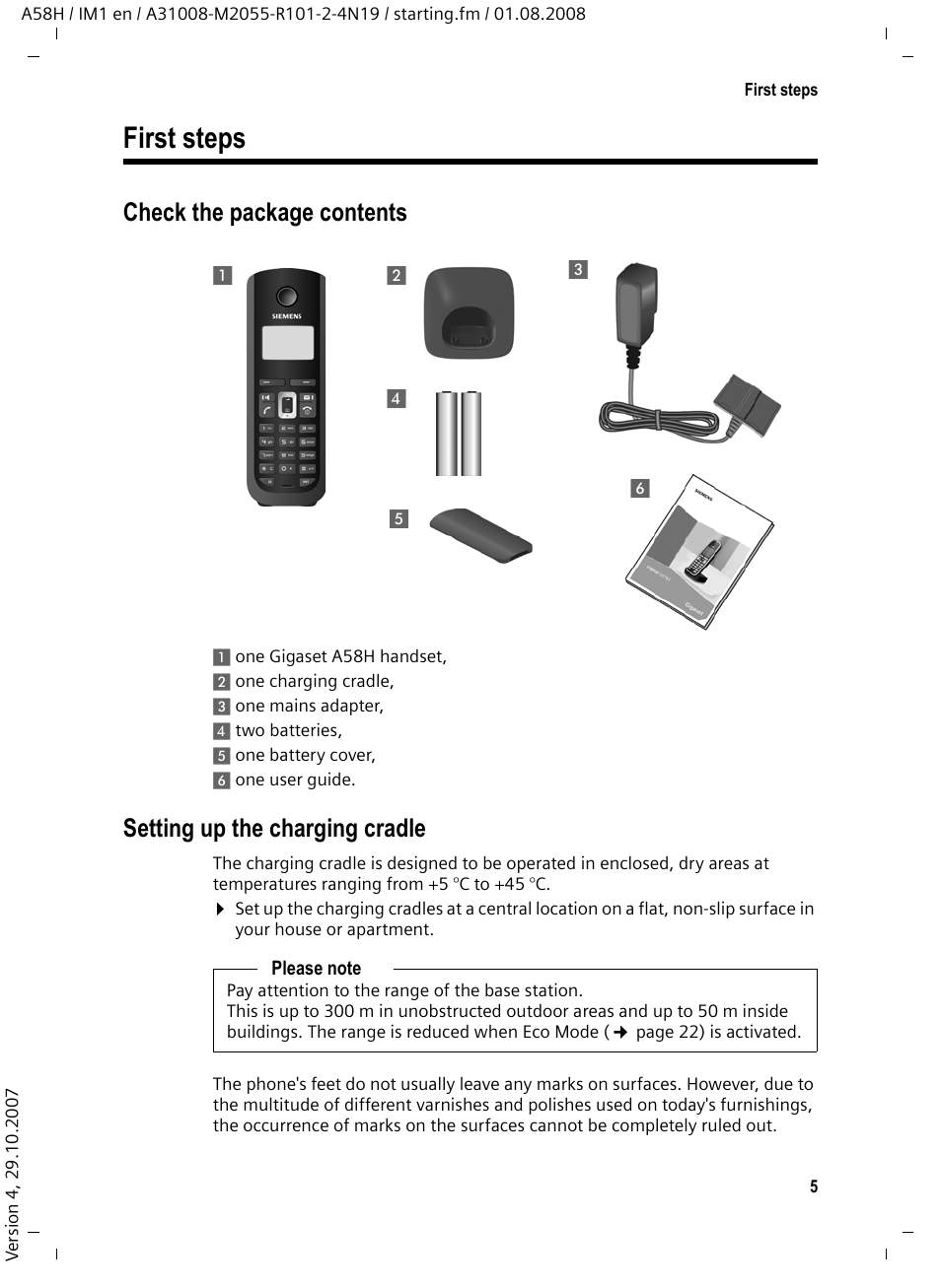 First steps, Check the package contents, Setting up the charging cradle | Siemens GIGASET A58H User Manual | Page 6 / 36