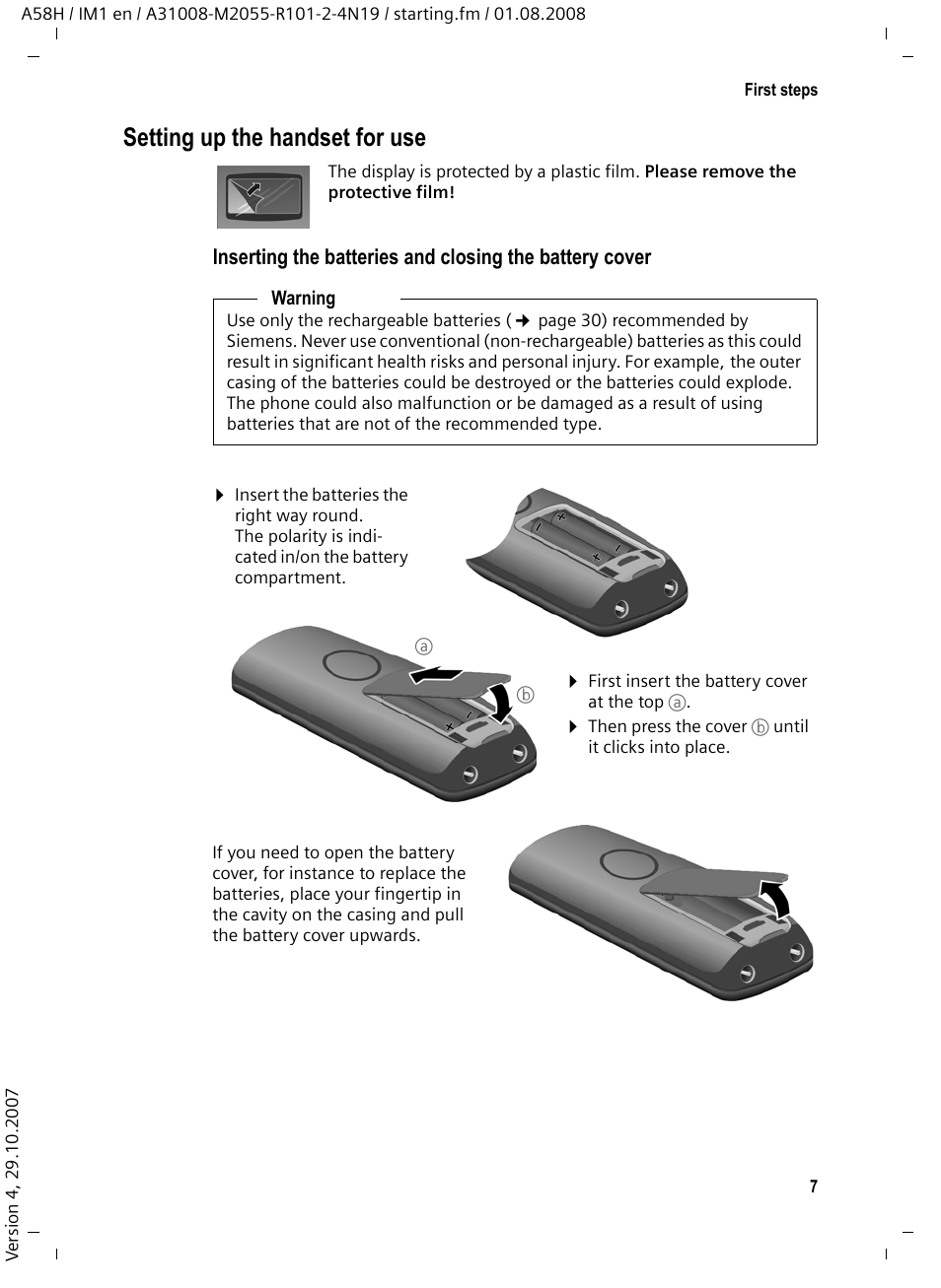 Setting up the handset for use | Siemens GIGASET A58H User Manual | Page 8 / 36