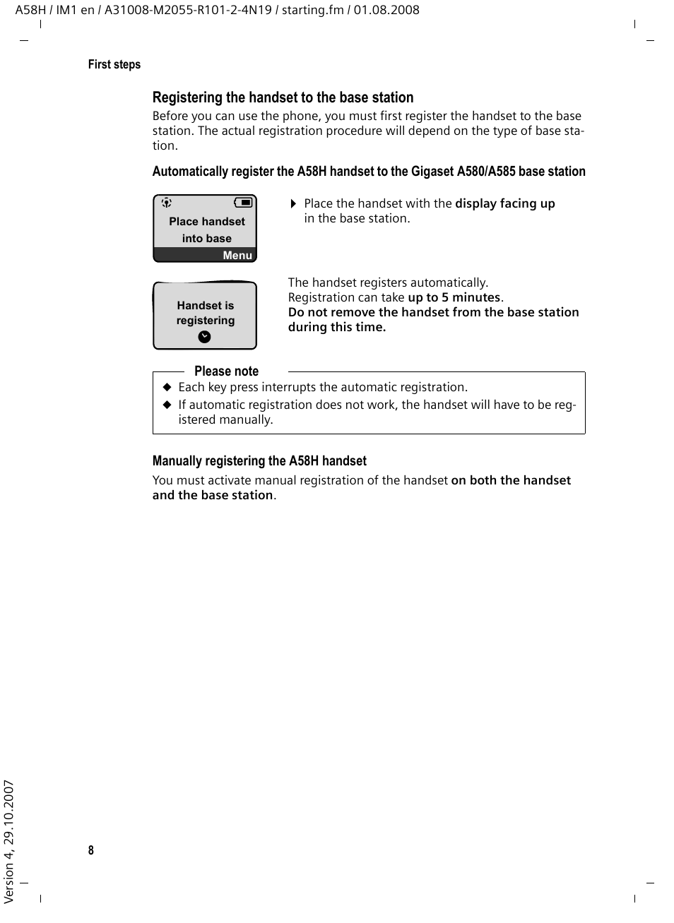 Registering the handset to the base station | Siemens GIGASET A58H User Manual | Page 9 / 36