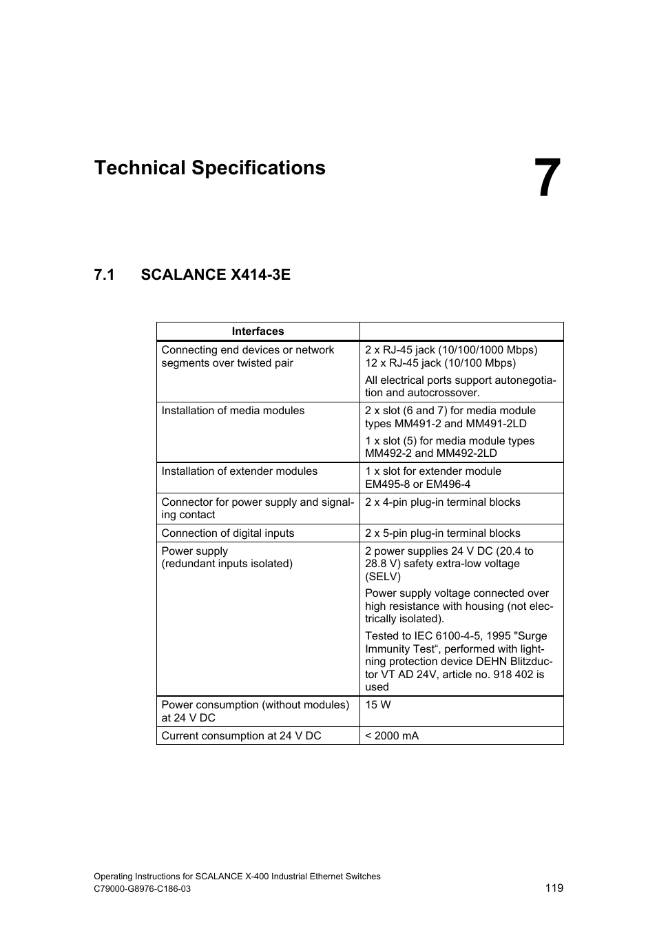 Technical specifications, 1 scalance x414-3e | Siemens X-400 User Manual | Page 119 / 148