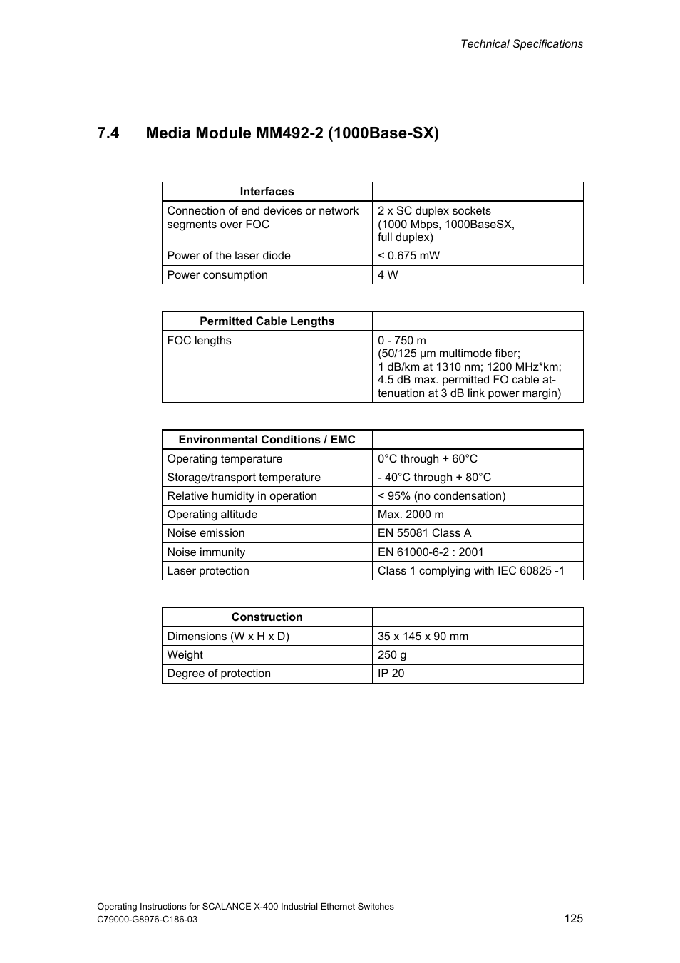4 media module mm492-2 (1000base-sx) | Siemens X-400 User Manual | Page 125 / 148