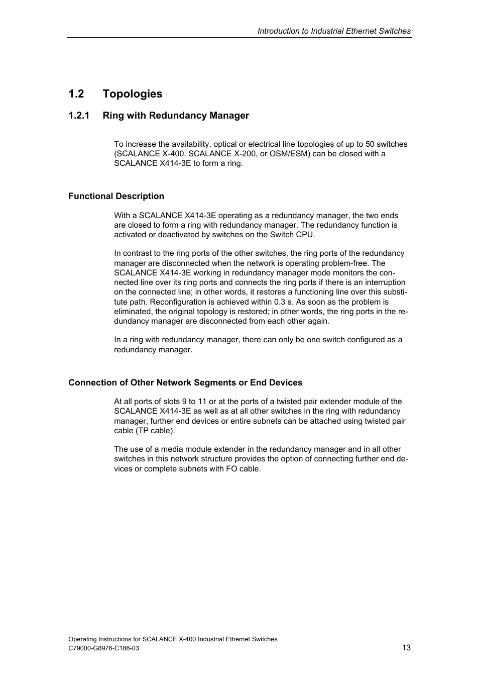 2 topologies, 1 ring with redundancy manager | Siemens X-400 User Manual | Page 13 / 148