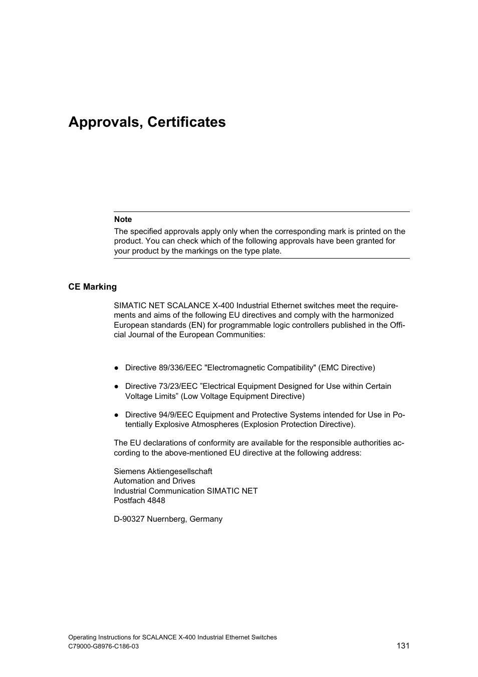 Approvals, certificates | Siemens X-400 User Manual | Page 131 / 148