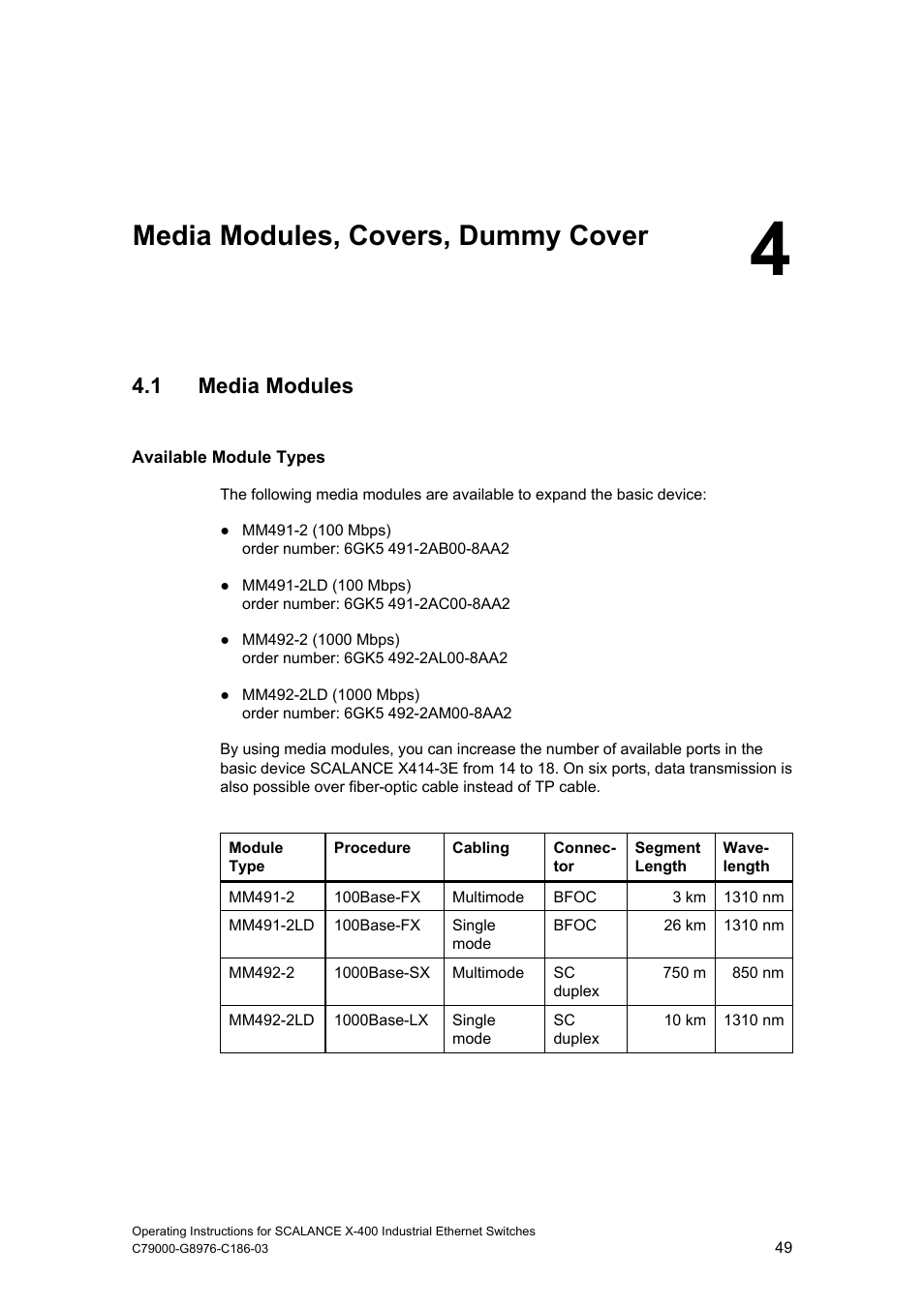 Media modules, covers, dummy cover, 1 media modules | Siemens X-400 User Manual | Page 49 / 148