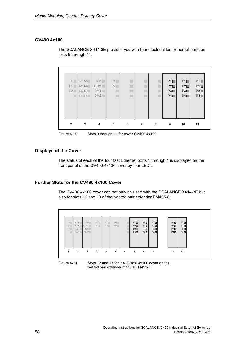 Displays of the cover, Media modules, covers, dummy cover | Siemens X-400 User Manual | Page 58 / 148