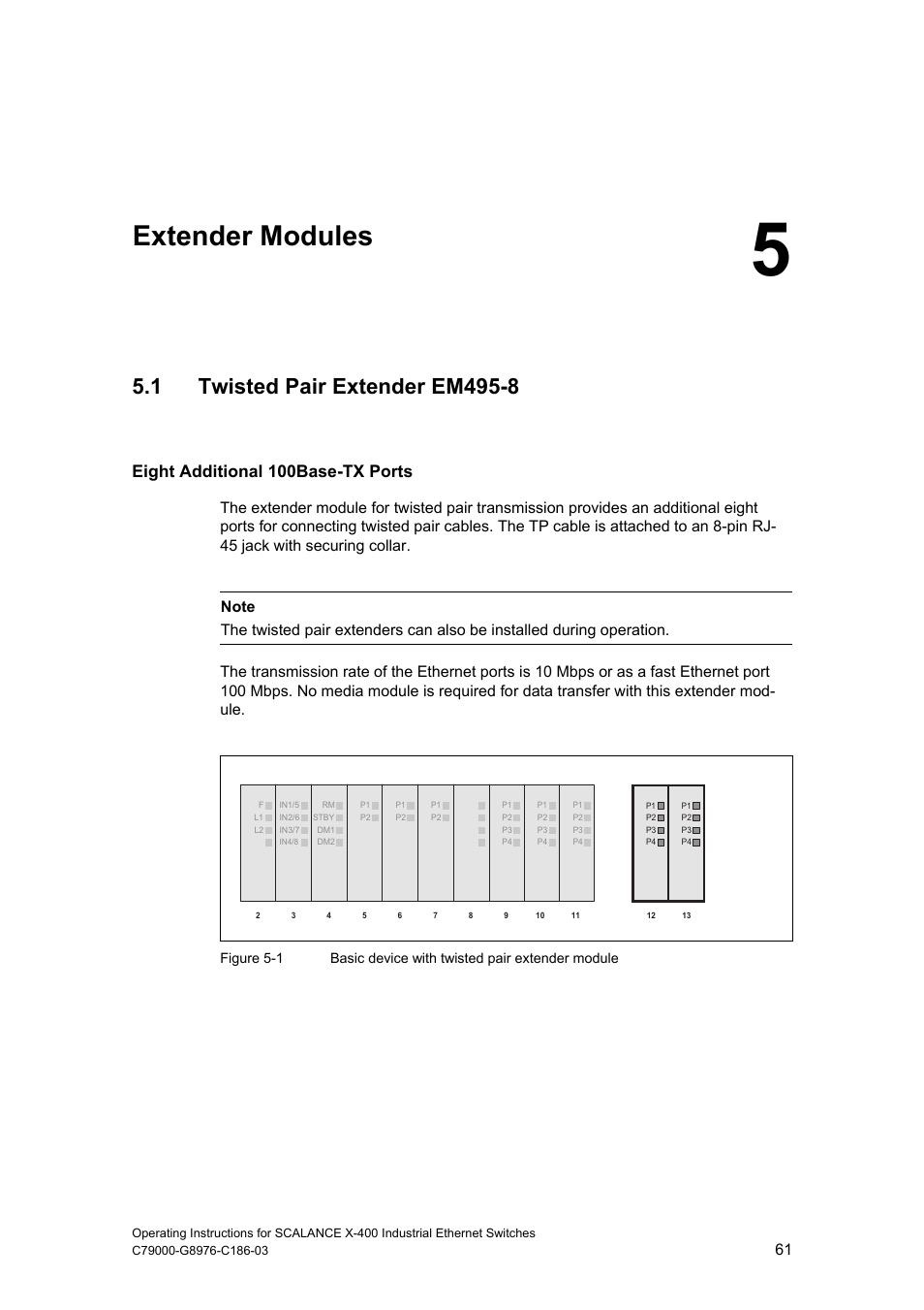 Extender modules, 1 twisted pair extender em495-8, Eight additional 100base-tx ports | Siemens X-400 User Manual | Page 61 / 148