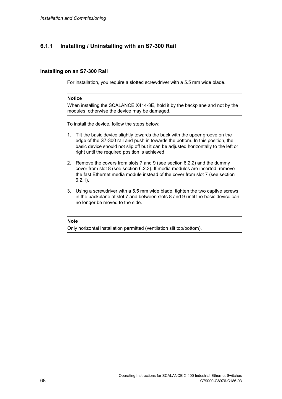 1 installing / uninstalling with an s7-300 rail | Siemens X-400 User Manual | Page 68 / 148