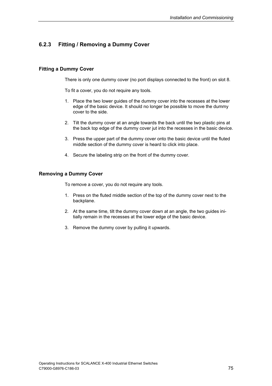 3 fitting / removing a dummy cover | Siemens X-400 User Manual | Page 75 / 148