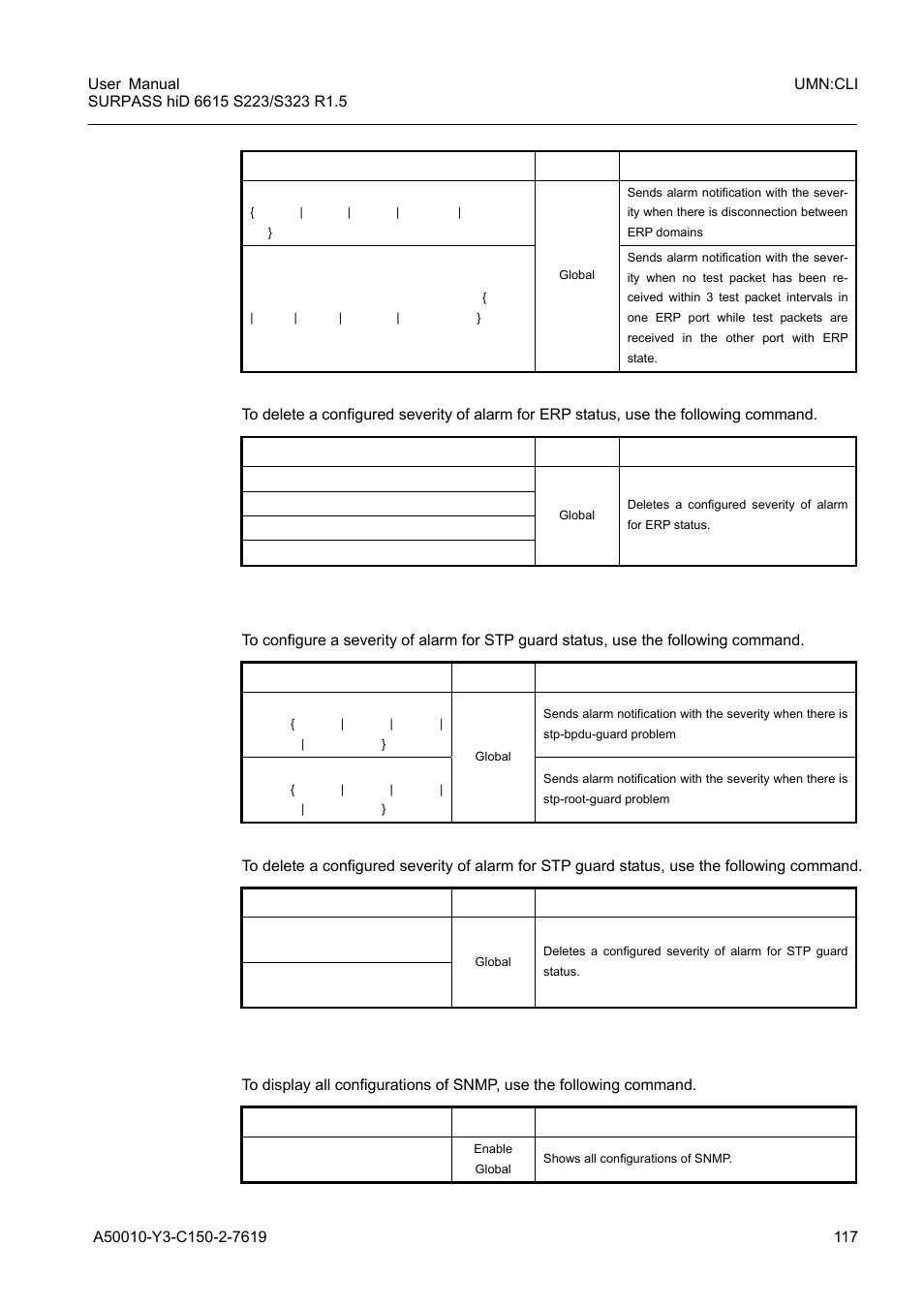 7 stp guard alarm severity, 10 displaying snmp configuration, Displaying snmp configuration | Siemens S223 User Manual | Page 117 / 381