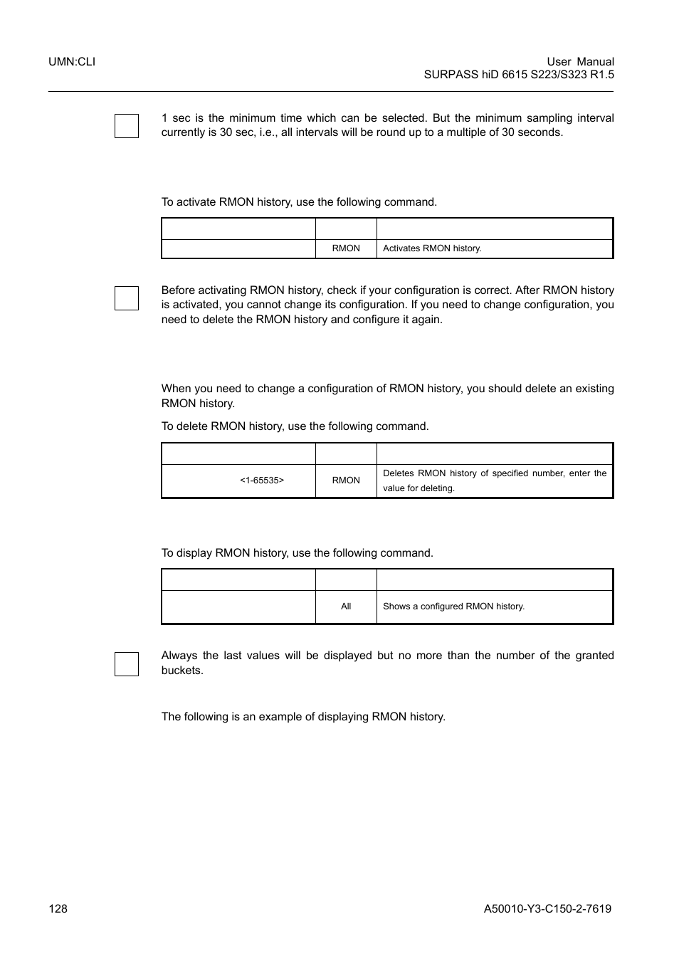 5 activating rmon history, 6 deleting configuration of rmon history, 7 displaying rmon history | Siemens S223 User Manual | Page 128 / 381