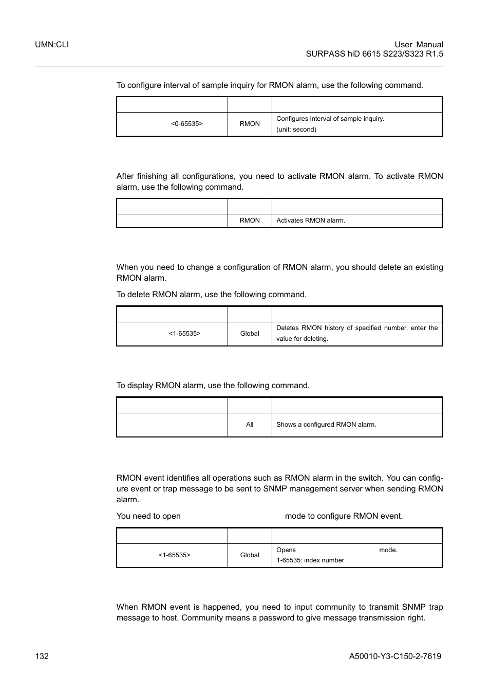 8 activating rmon alarm, 9 deleting configuration of rmon alarm, 10 displaying rmon alarm | 3 rmon event, 1 event community, Rmon event | Siemens S223 User Manual | Page 132 / 381