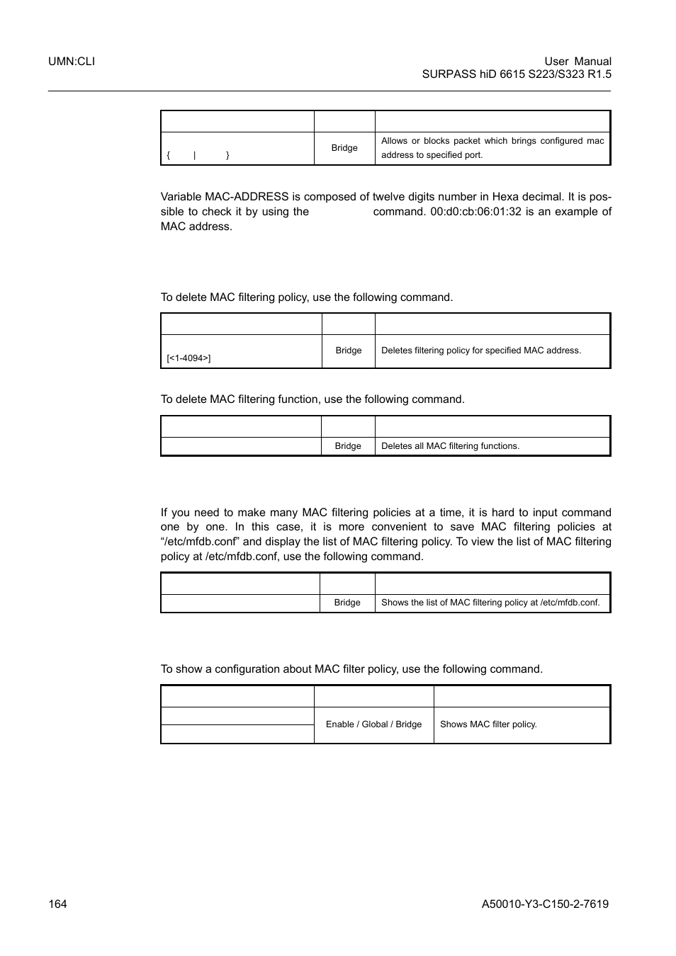 3 deleting mac filter policy, 4 listing of mac filter policy, 5 displaying mac filter policy | Deleting mac filter policy, Listing of mac filter policy, Displaying mac filter policy | Siemens S223 User Manual | Page 164 / 381