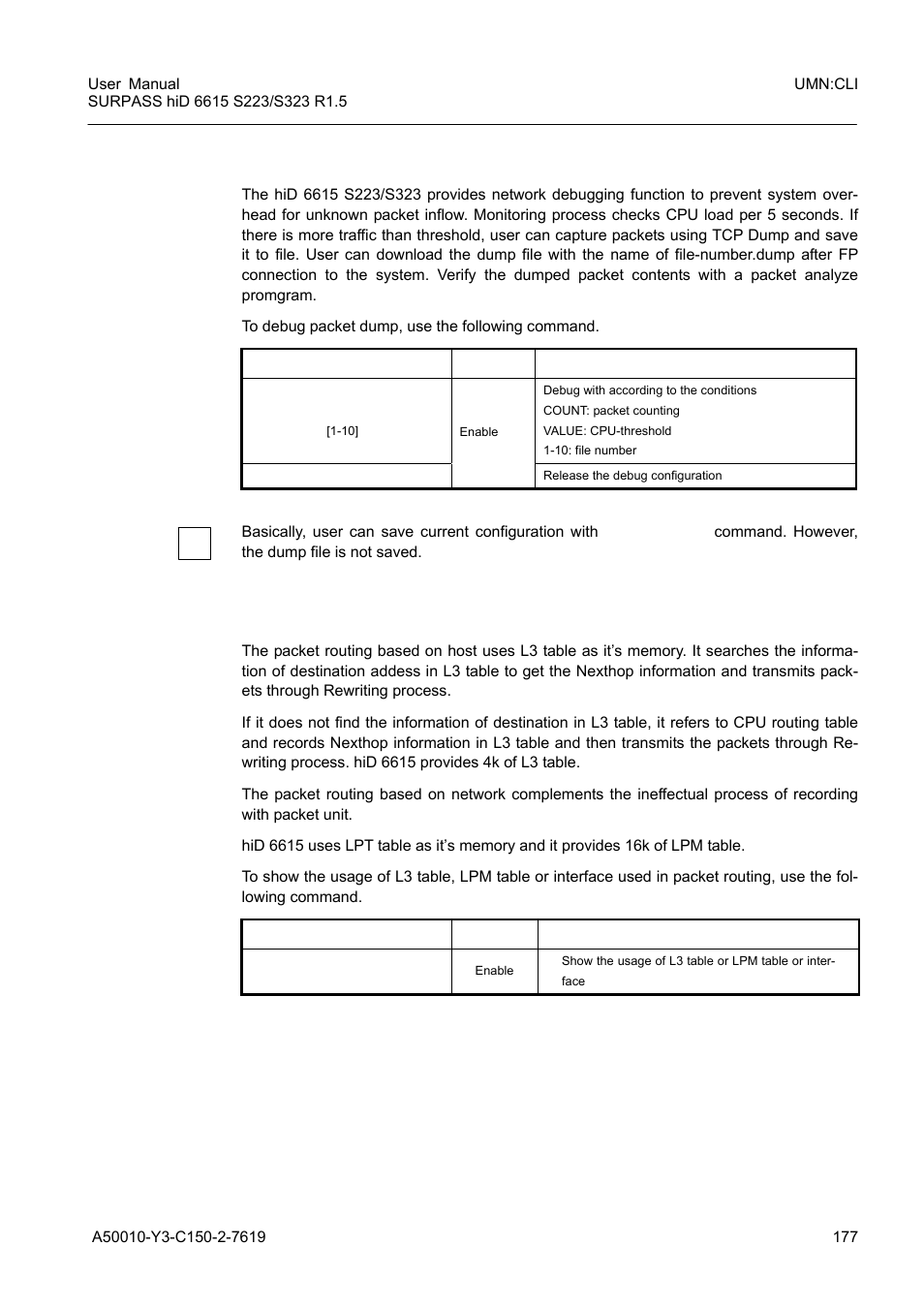 2 debug packet dump, Debug packet dump, Displaying the usage of the packet routing table | Siemens S223 User Manual | Page 177 / 381