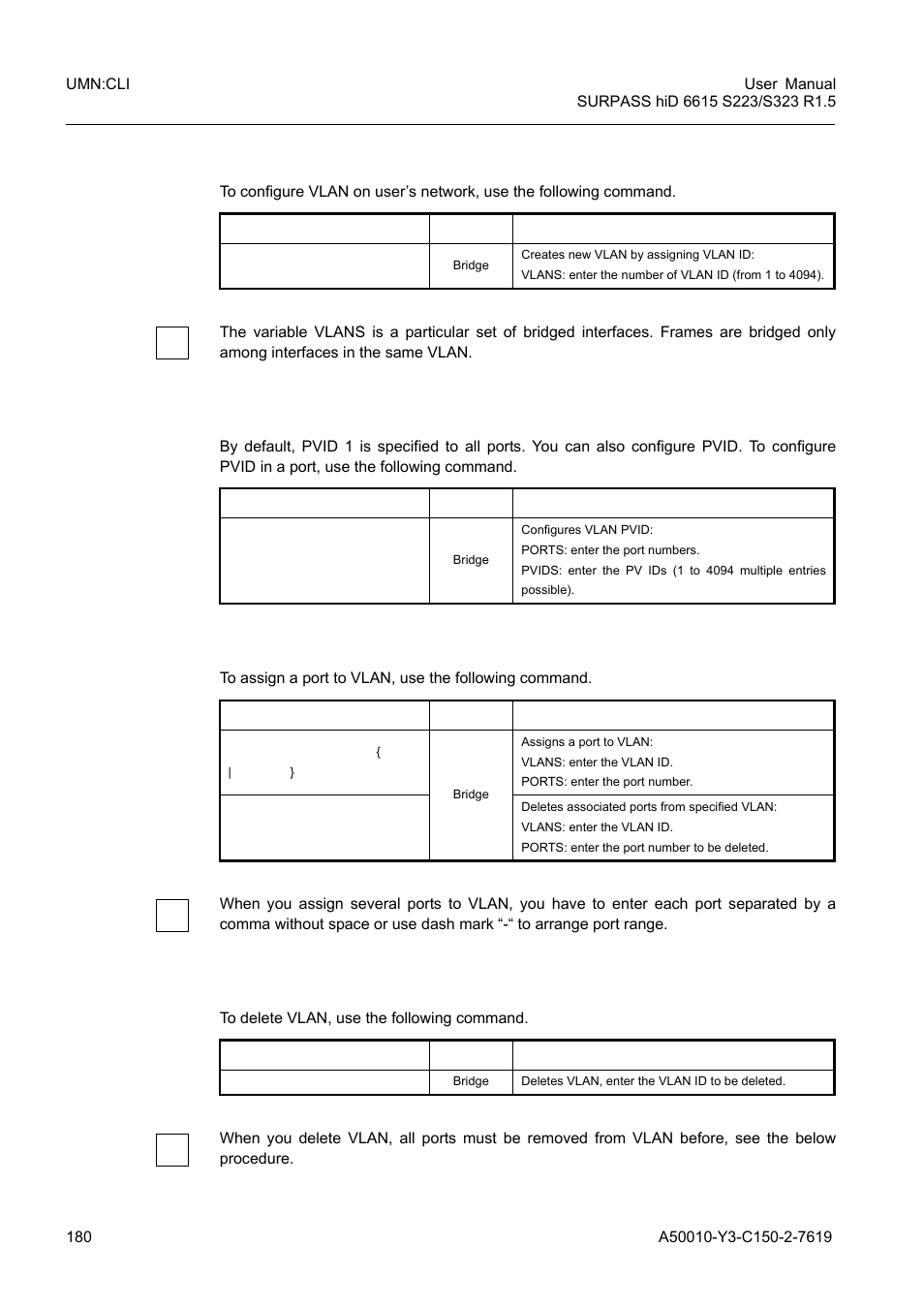 1 creating vlan, 2 specifying pvid, 3 assigning port to vlan | 4 deleting vlan, Creating vlan, Specifying pvid, Assigning port to vlan, Deleting vlan | Siemens S223 User Manual | Page 180 / 381