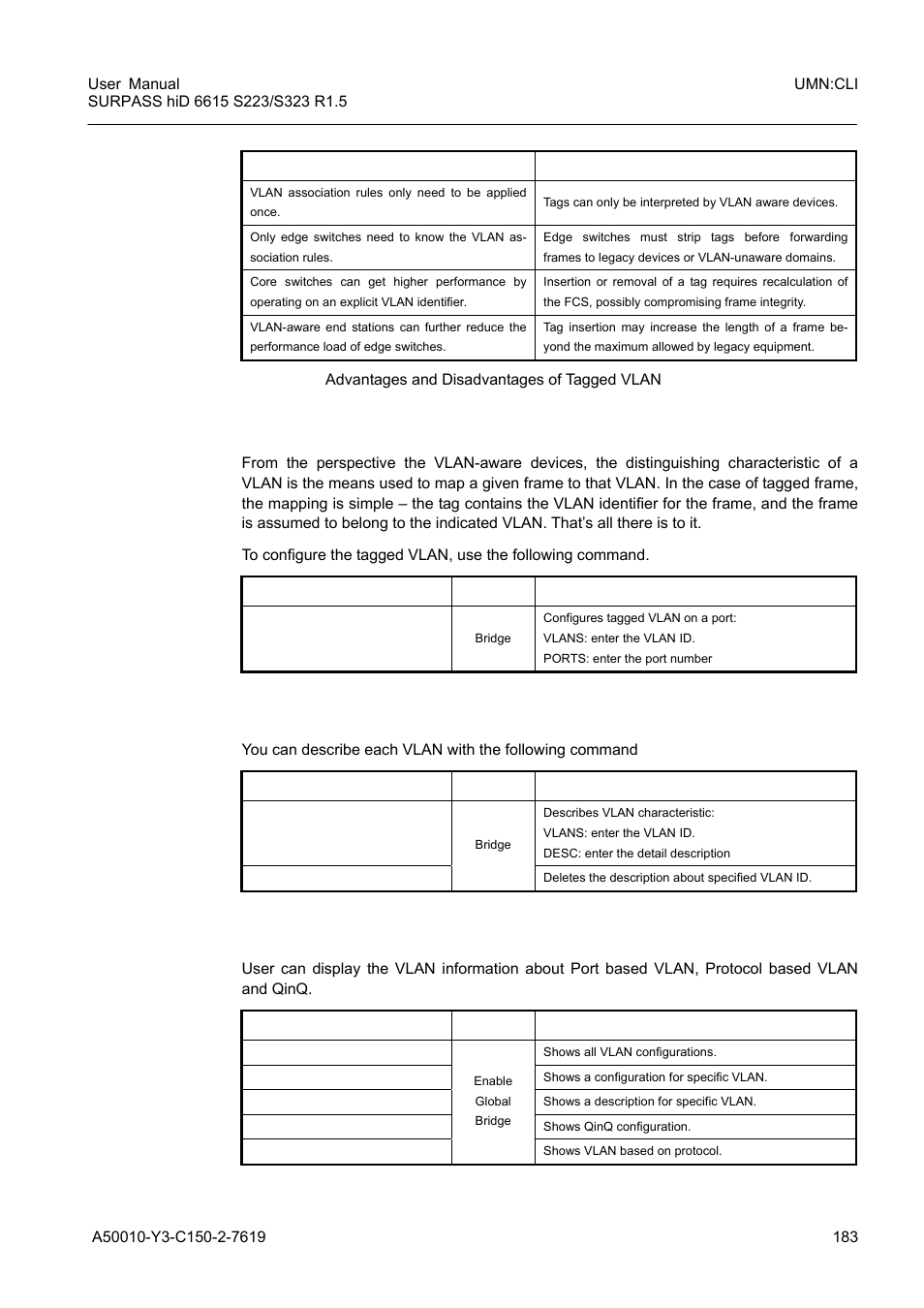 6 vlan description, 7 displaying vlan information, Vlan description | Displaying vlan information, Tab. 8.1, Advantages and disadvantages of tagged vlan | Siemens S223 User Manual | Page 183 / 381