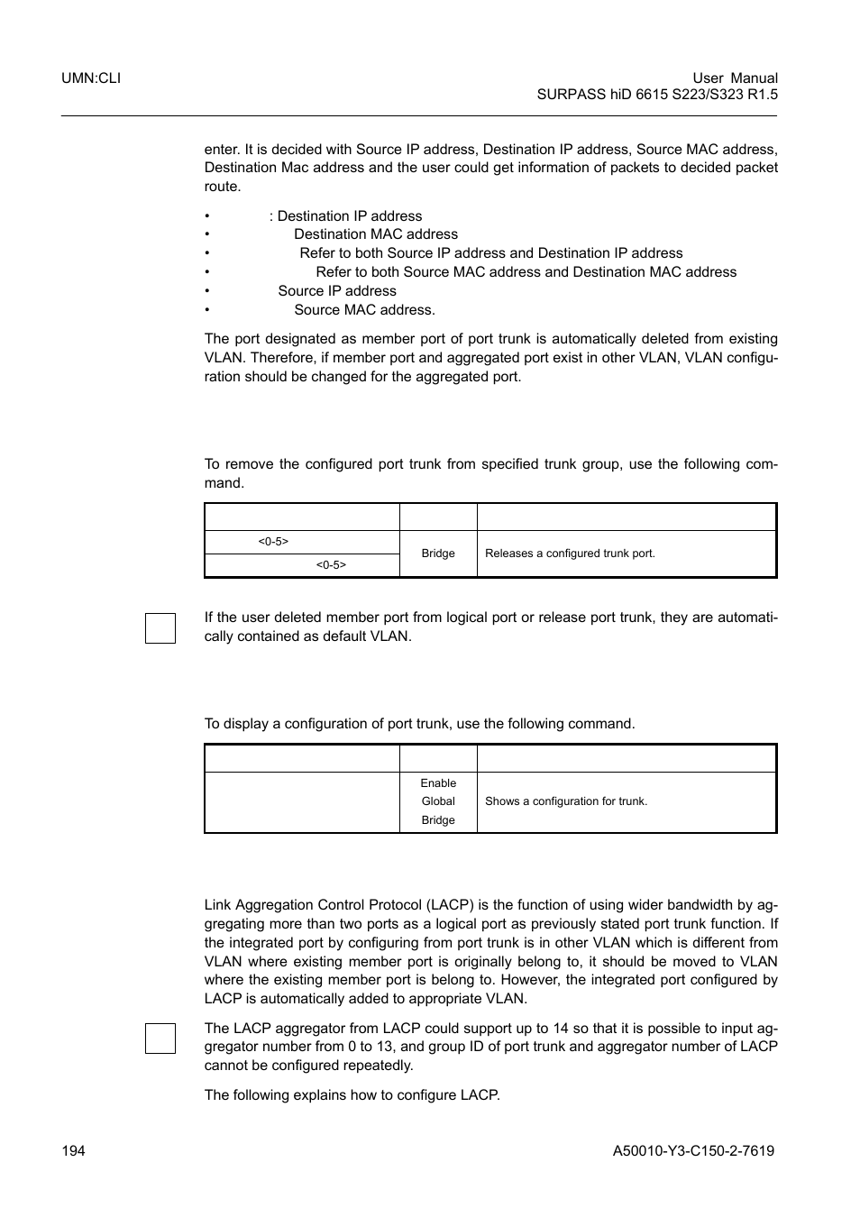 2 disabling port trunk, 3 displaying port trunk configuration, 2 link aggregation control protocol (lacp) | Link aggregation control protocol (lacp) | Siemens S223 User Manual | Page 194 / 381