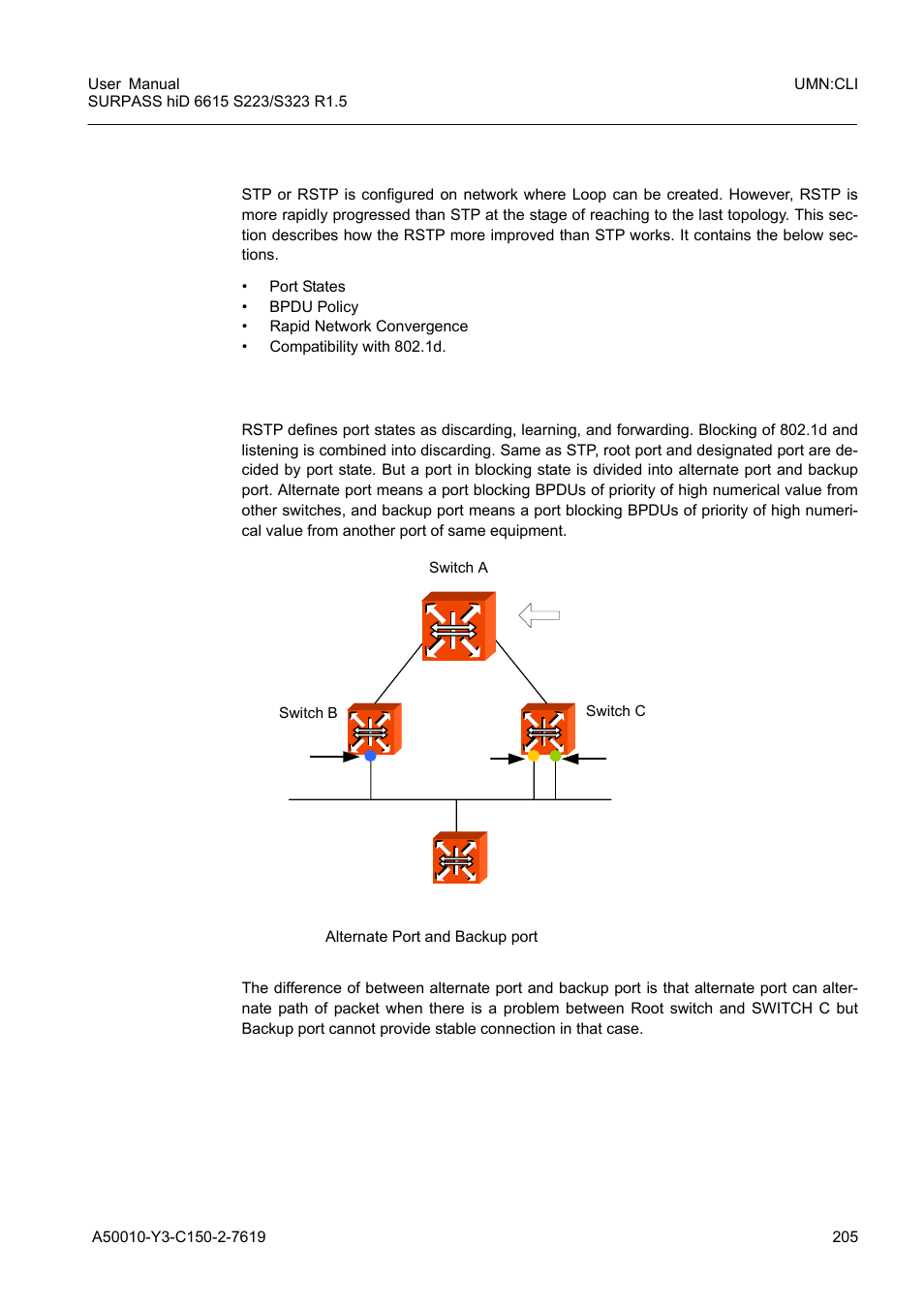 2 rstp operation, Rstp operation, Fig. 8.14 | Alternate port and backup port | Siemens S223 User Manual | Page 205 / 381