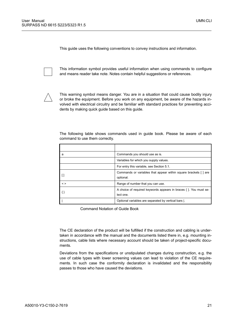 3 document convention, 4 document notation, 5 ce declaration of conformity | Document convention, Document notation, Ce declaration of conformity, Tab. 1.2, Command notation of guide book | Siemens S223 User Manual | Page 21 / 381