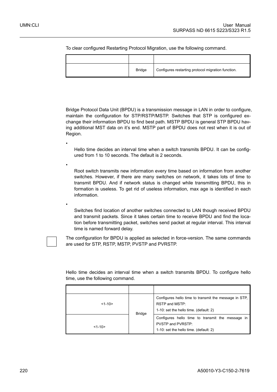 9 bridge protocol data unit configuration, 1 hello time, Bridge protocol data unit configuration | Siemens S223 User Manual | Page 220 / 381