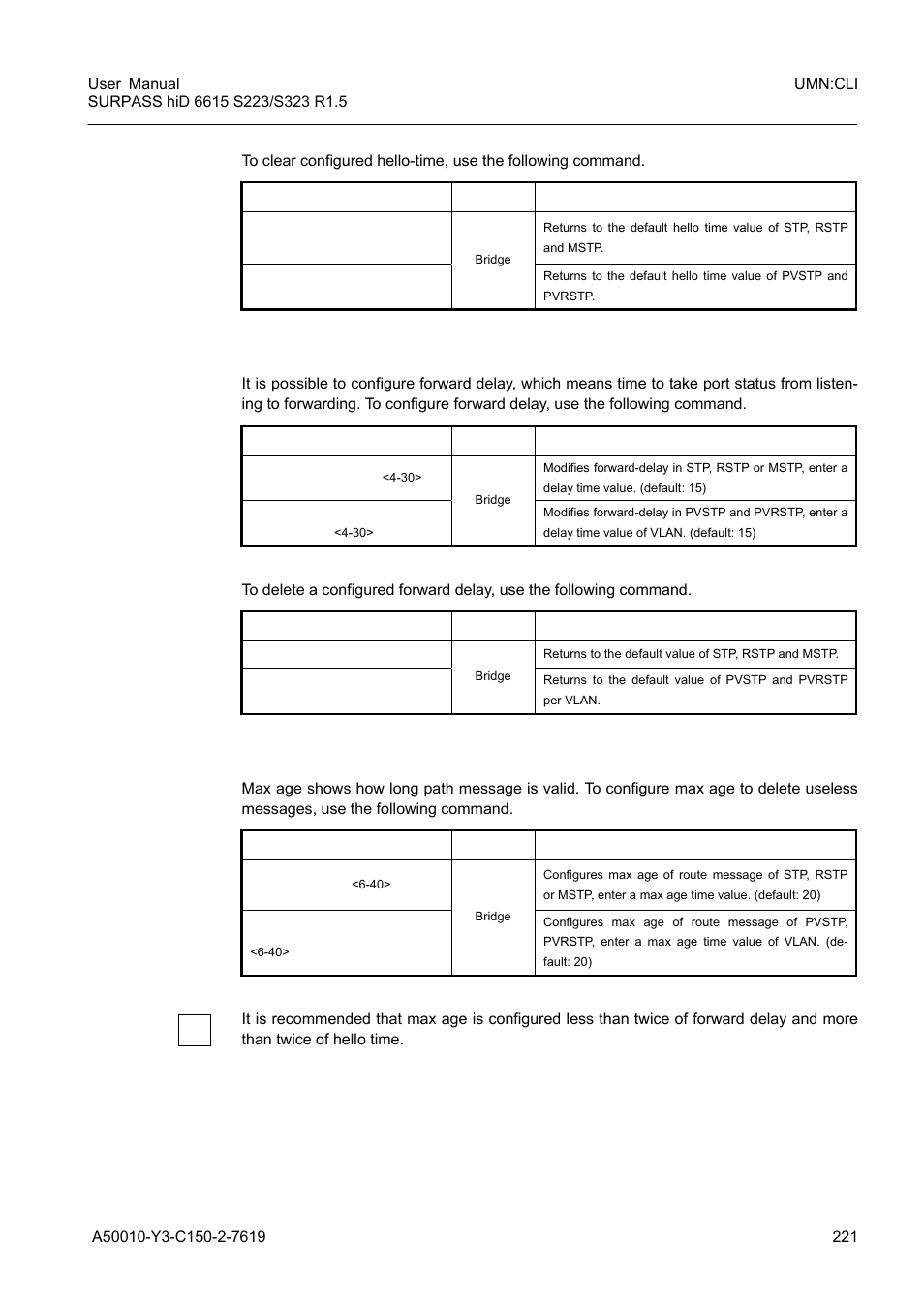 2 forward delay, 3 max age, 2 forward delay 8.3.9.3 max age | Siemens S223 User Manual | Page 221 / 381