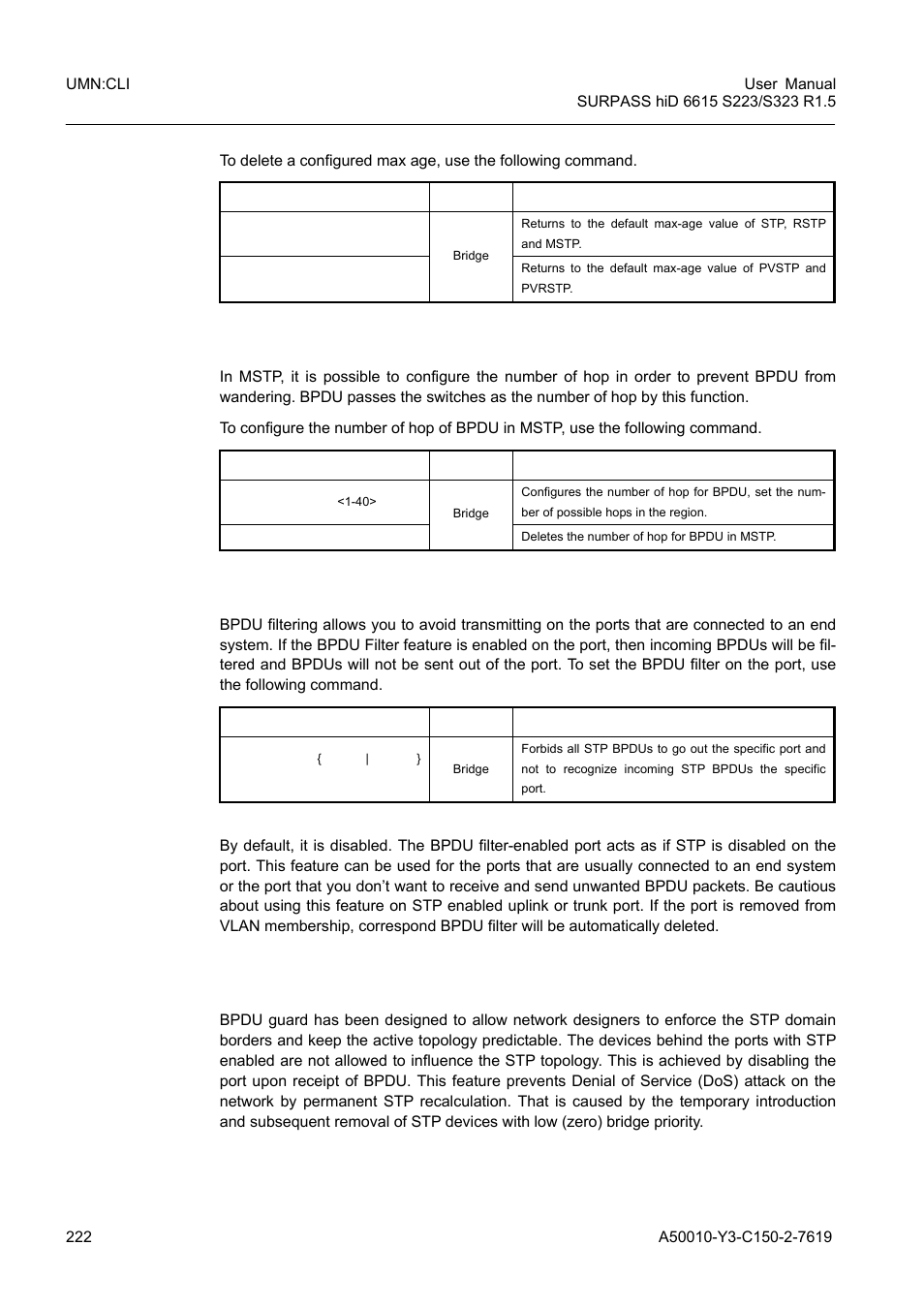 4 bpdu hop, 5 bpdu filter, 6 bpdu guard | 4 bpdu hop 8.3.9.5 bpdu filter 8.3.9.6 bpdu guard | Siemens S223 User Manual | Page 222 / 381