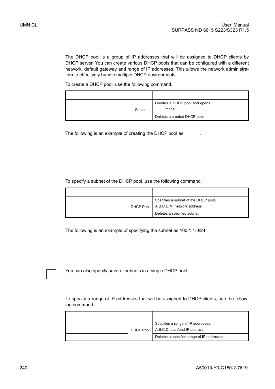 1 dhcp pool creation, 2 dhcp subnet, 3 range of ip address | Dhcp pool creation, Dhcp subnet, Range of ip address | Siemens S223 User Manual | Page 240 / 381