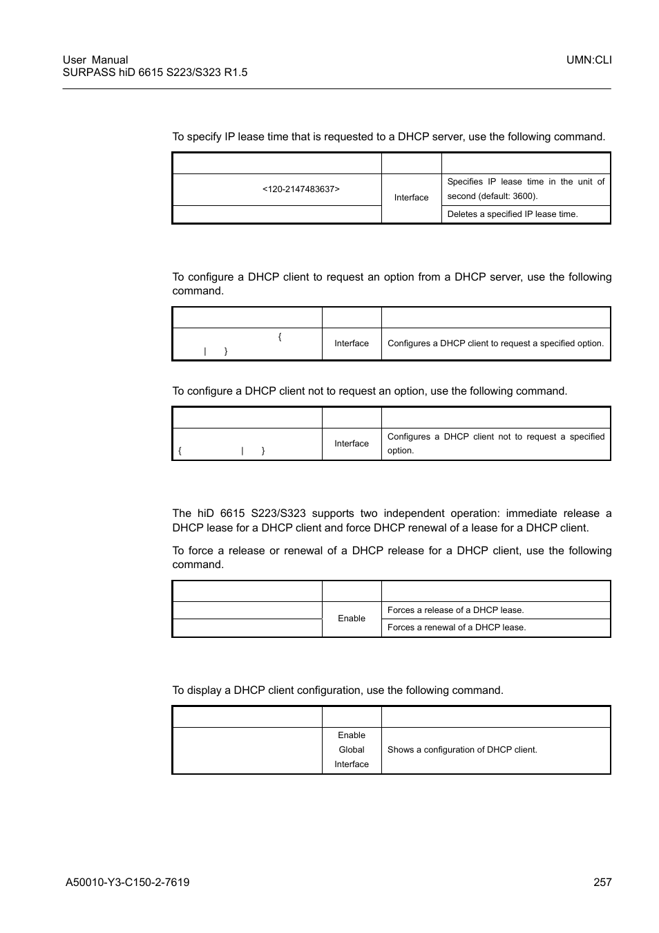 5 ip lease time, 6 requesting option, 7 forcing release or renewal of dhcp lease | 8 displaying dhcp client configuration | Siemens S223 User Manual | Page 257 / 381