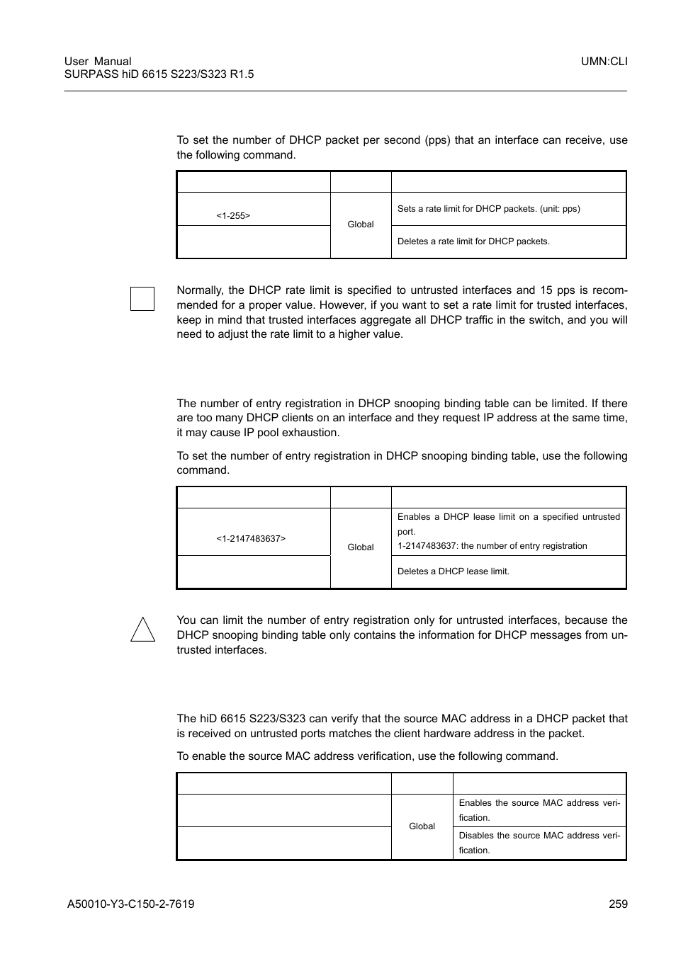 3 dhcp rate limit, 4 dhcp lease limit, 5 source mac address verification | Siemens S223 User Manual | Page 259 / 381