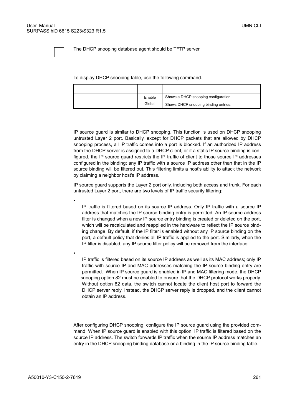 7 displaying dhcp snooping configuration, 8 ip source guard, 1 enabling ip source guard | 7 displaying dhcp snooping configuration 8.8.8, Ip source guard | Siemens S223 User Manual | Page 261 / 381