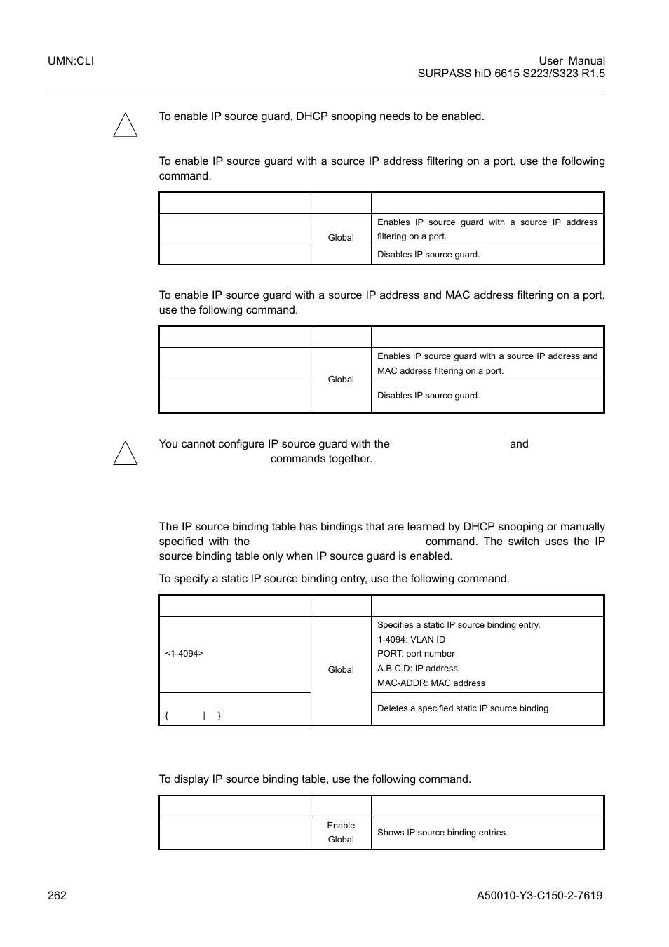 2 static ip source binding, 3 displaying ip source guard configuration | Siemens S223 User Manual | Page 262 / 381