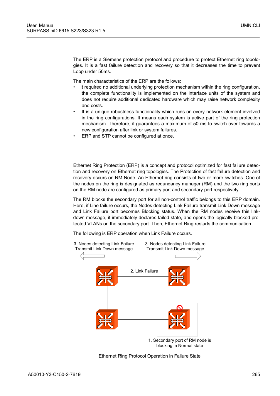 9 ethernet ring protection (erp), 1 erp operation, Ethernet ring protection (erp) | Erp operation, Fig. 8.35, Ethernet ring protocol operation in failure state | Siemens S223 User Manual | Page 265 / 381