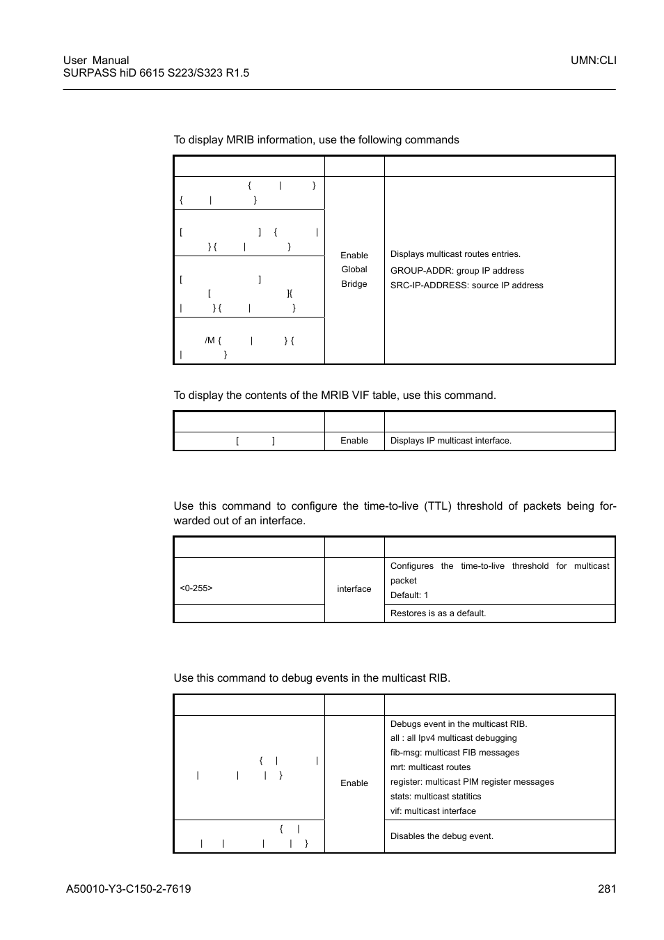 4 displaying mrib information, 5 multicast time-to-live threshold, 6 mrib debug | Displaying mrib information, Multicast time-to-live threshold, Mrib debug | Siemens S223 User Manual | Page 281 / 381