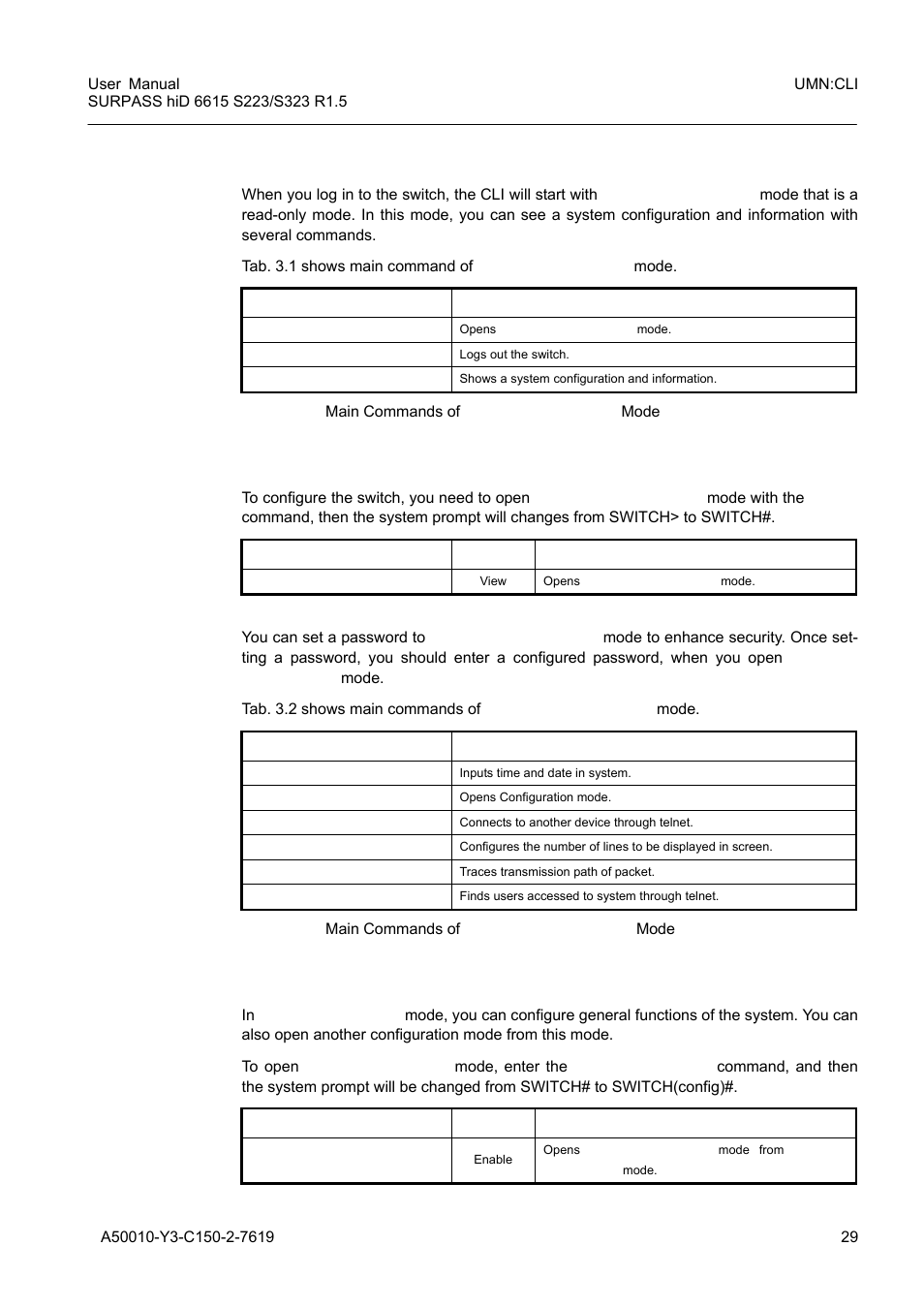 1 privileged exec view mode, 2 privileged exec enable mode, 3 global configuration mode | Privileged exec view mode, Privileged exec enable mode, Global configuration mode, Tab. 3.1, Main commands of privileged exec view mode, Tab. 3.2, Main commands of privileged exec enable mode | Siemens S223 User Manual | Page 29 / 381