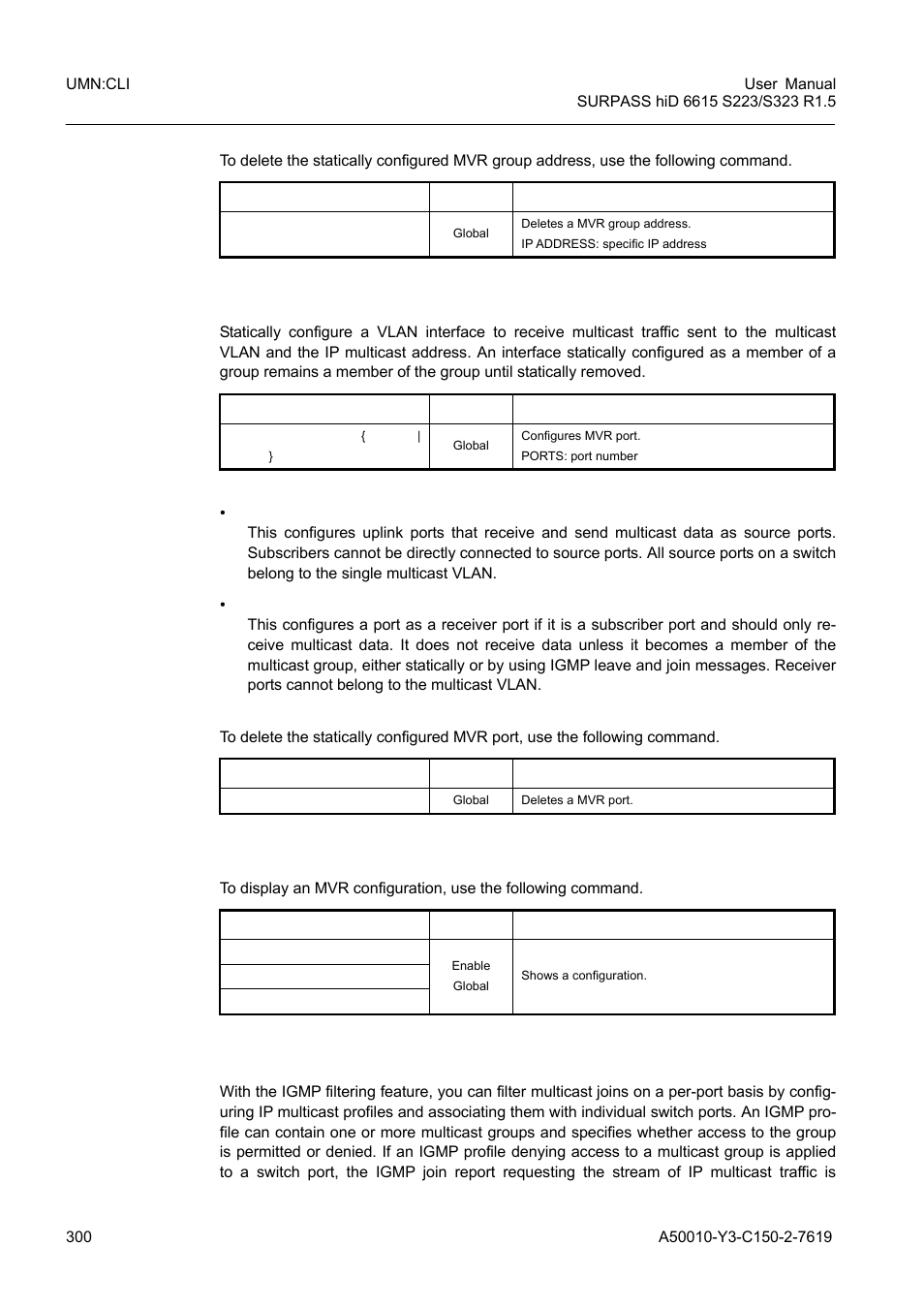 4 send and receive port, 5 displaying mvr configuration, 8 igmp filtering and throttling | Igmp filtering and throttling | Siemens S223 User Manual | Page 300 / 381