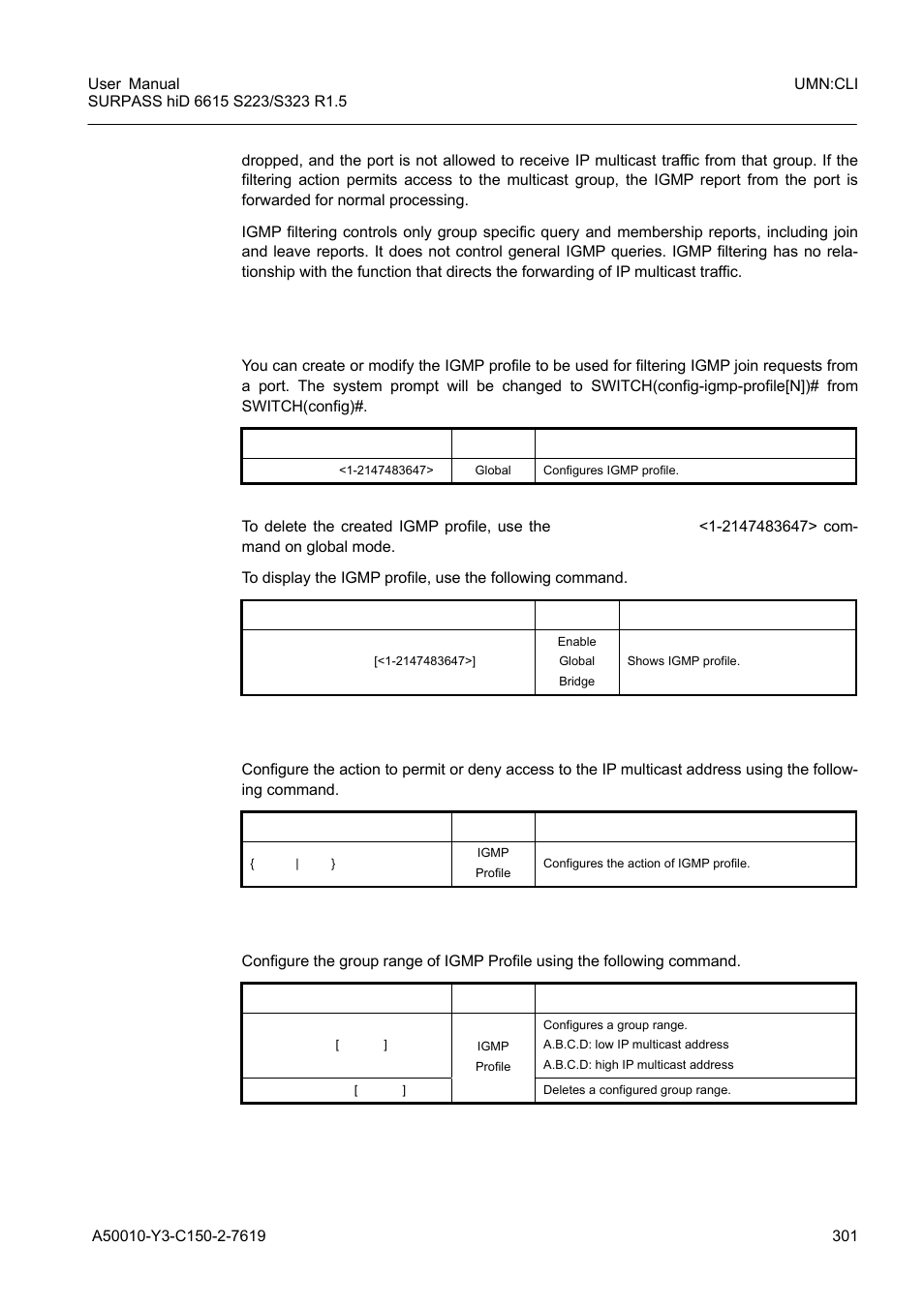 1 creating igmp profile, 2 policy of igmp profile, 3 group range of igmp profile | Siemens S223 User Manual | Page 301 / 381