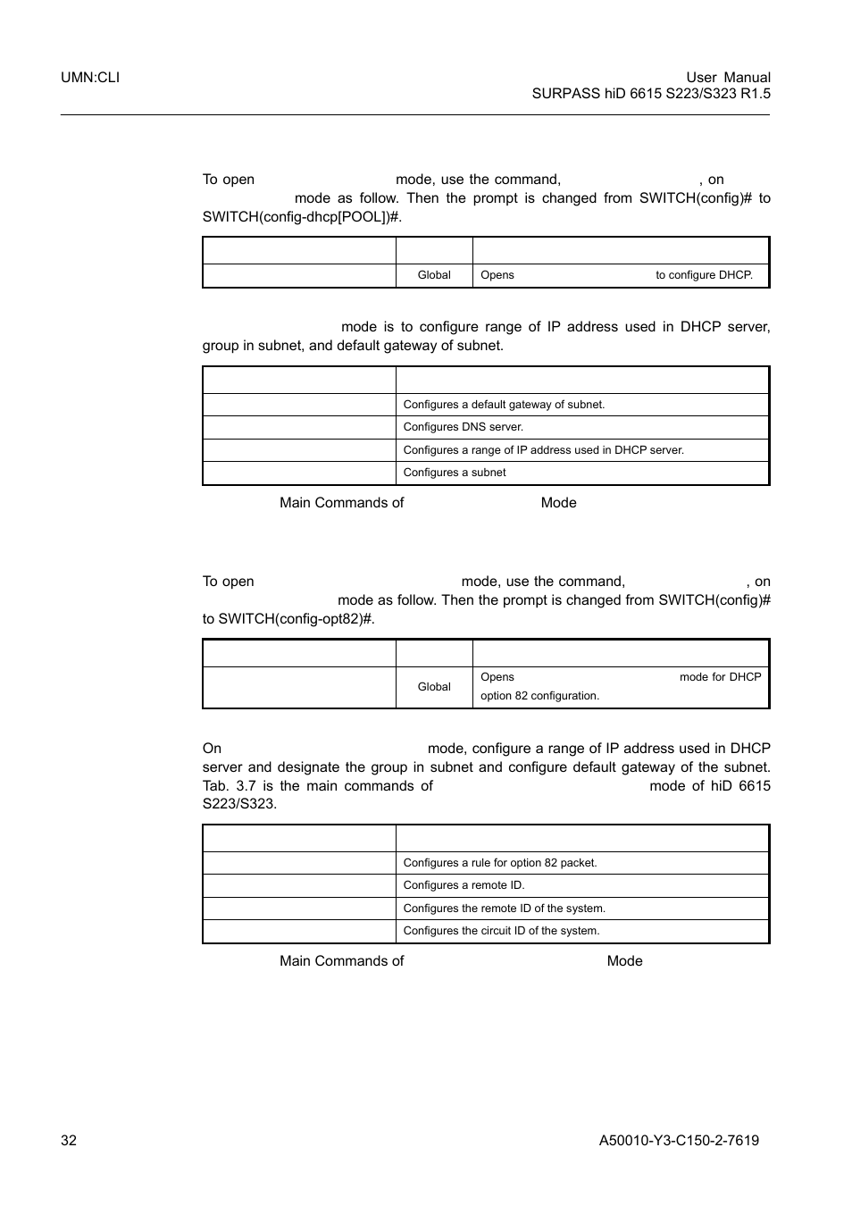 6 dhcp configuration mode, 7 dhcp option 82 configuration mode, Dhcp configuration mode | Dhcp option 82 configuration mode, Tab. 3.6, Main commands of dhcp configuration mode, Tab. 3.7, Main commands of dhcp option 82 configuration mode | Siemens S223 User Manual | Page 32 / 381