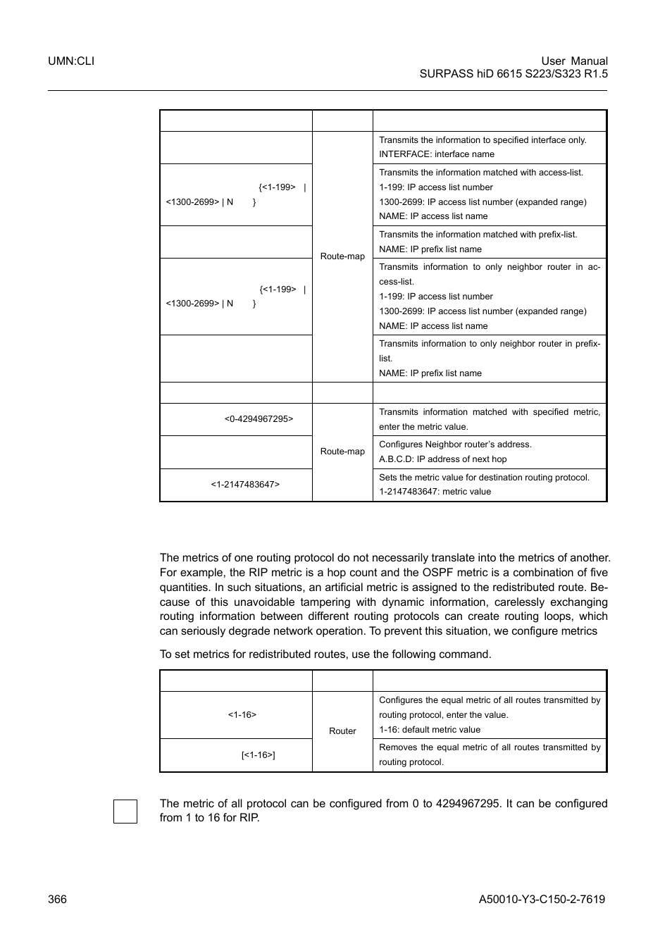 6 metrics for redistributed routes, Metrics for redistributed routes | Siemens S223 User Manual | Page 366 / 381