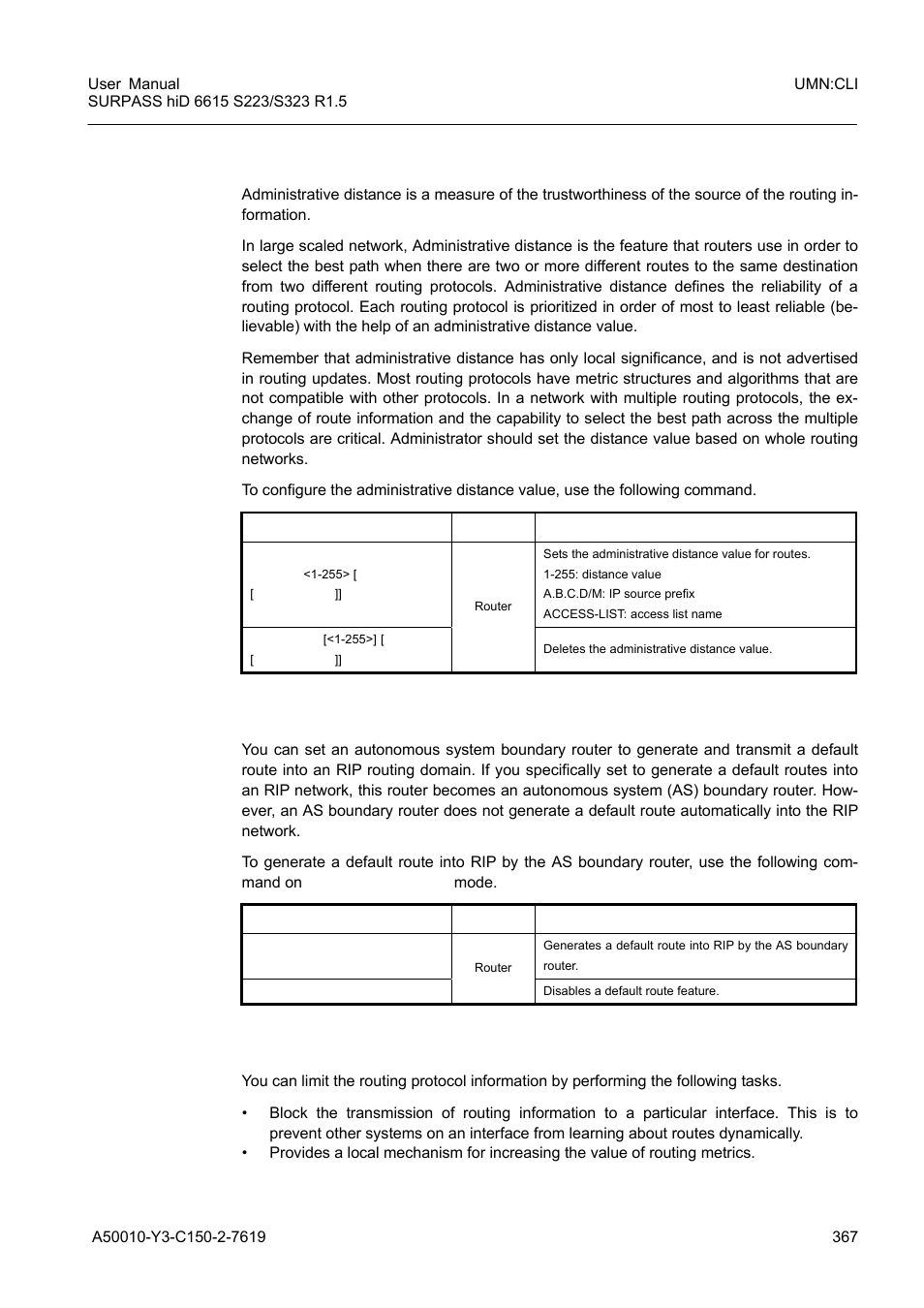 7 administrative distance, 8 originating default information, 9 routing information filtering | Administrative distance, Originating default information, Routing information filtering | Siemens S223 User Manual | Page 367 / 381