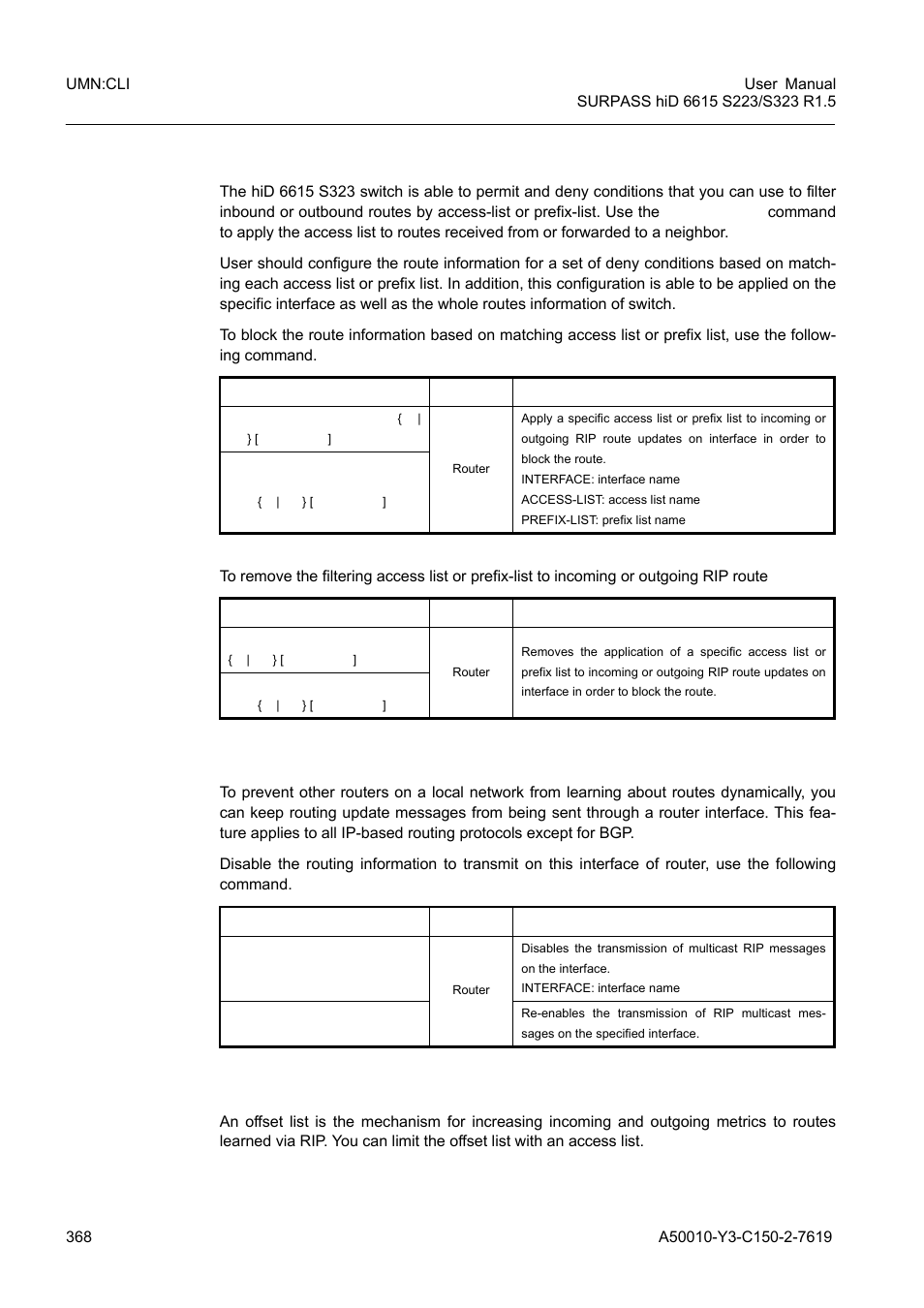 1 filtering access list and prefix list, 2 disabling the transmission to interface, 3 offset list | Siemens S223 User Manual | Page 368 / 381