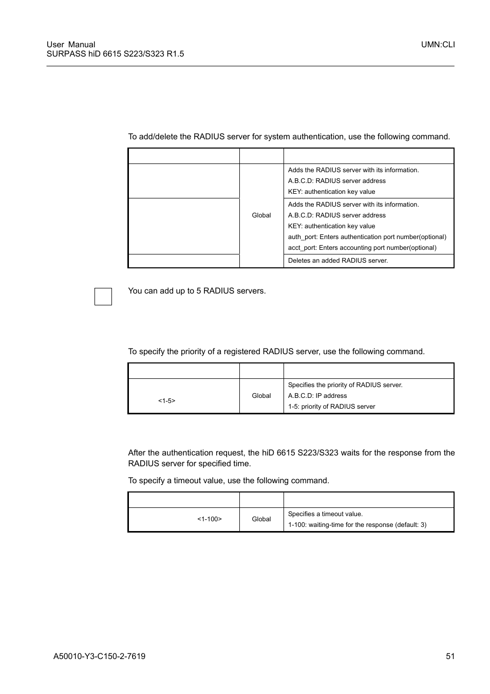 4 radius server, 1 radius server for system authentication, 2 radius server priority | 3 timeout of authentication request, Radius server | Siemens S223 User Manual | Page 51 / 381