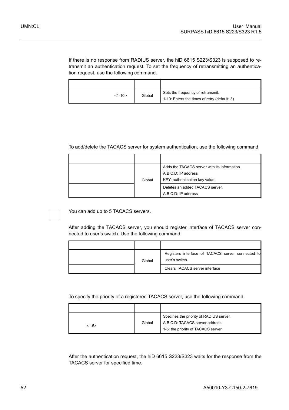 4 frequency of retransmit, 5 tacacs server, 1 tacacs server for system authentication | 2 tacacs server priority, 3 timeout of authentication request, 4 frequency of retransmit 4.2.5, Tacacs server | Siemens S223 User Manual | Page 52 / 381