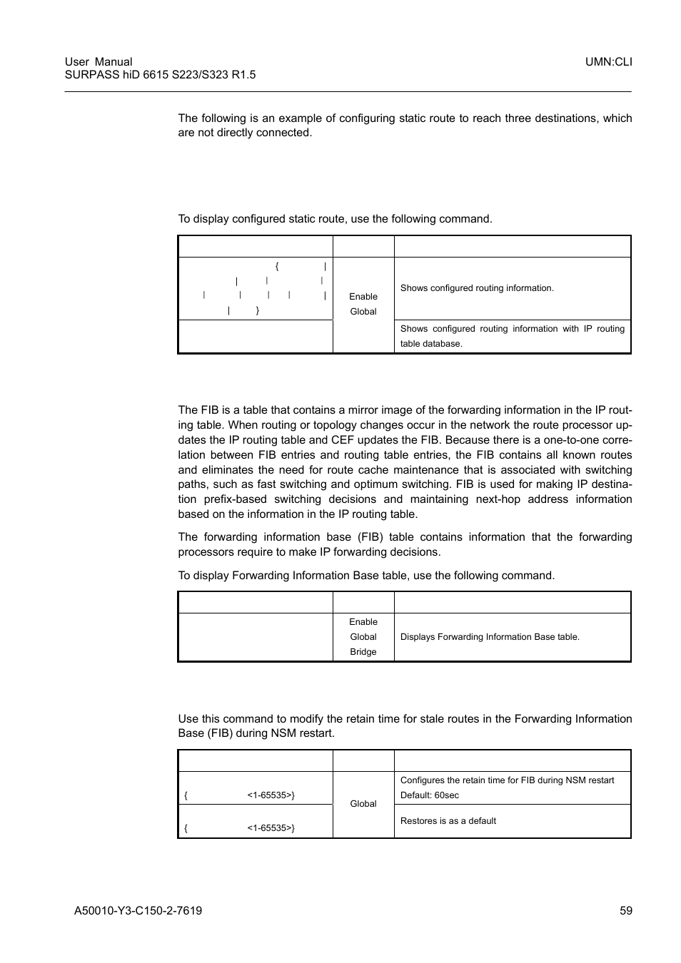 6 forwarding information base(fib) retain, Displaying forwarding information base(fib) table, Forwarding information base(fib) retain | Siemens S223 User Manual | Page 59 / 381