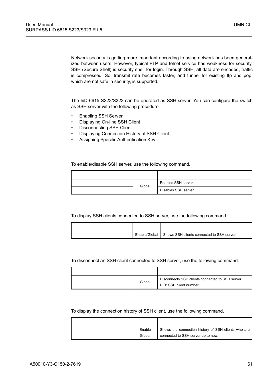 4 ssh (secure shell), 1 ssh server, 1 enabling ssh server | 2 displaying on-line ssh client, 3 disconnecting ssh client, 4 displaying connection history of ssh client, Ssh (secure shell), Ssh server | Siemens S223 User Manual | Page 61 / 381