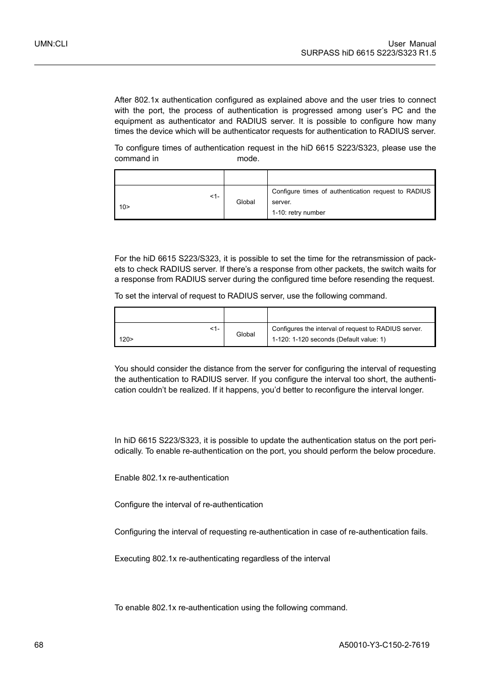 7 configuring number of request to radius server, 8 configuring interval of request to radius server, 2 802.1x re-authentication | 1 enabling 802.1x re-authentication, 1x re-authentication | Siemens S223 User Manual | Page 68 / 381