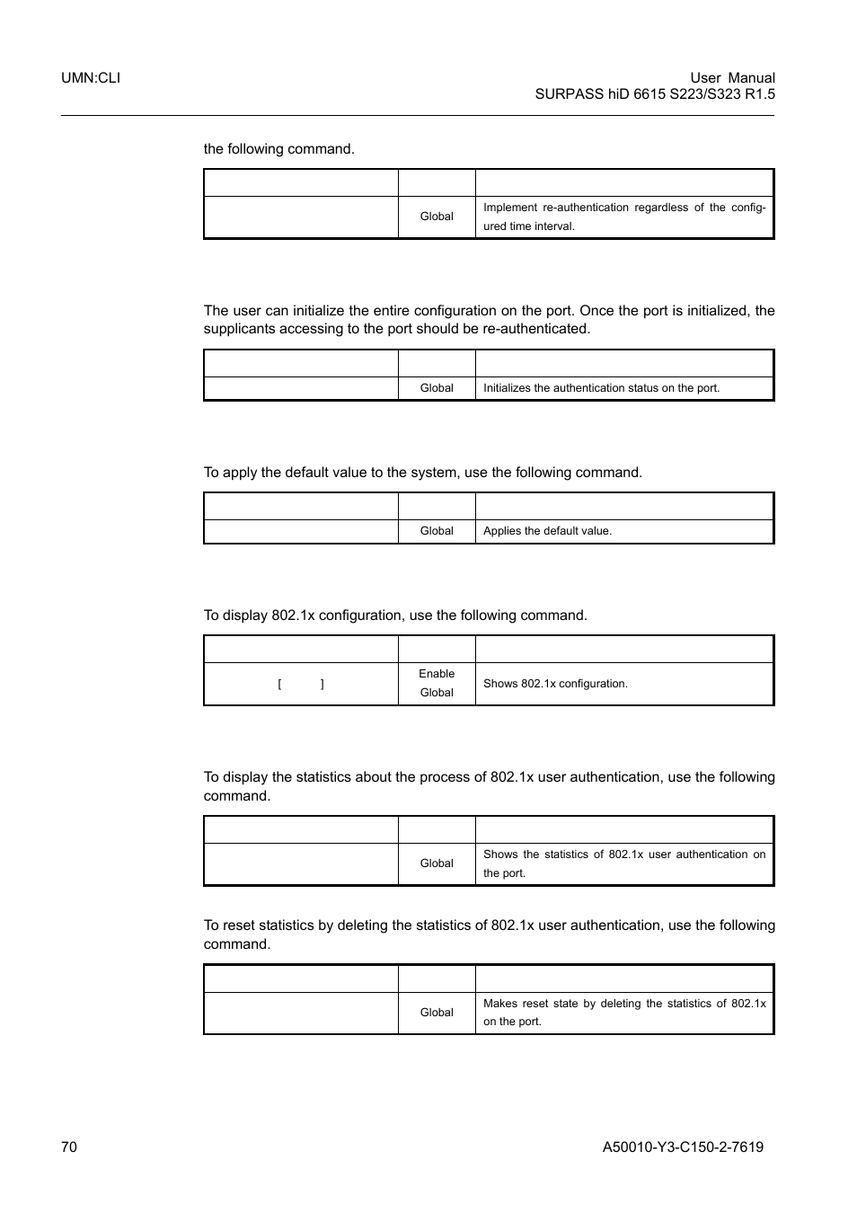 3 initializing authentication status, 4 applying default value, 5 displaying 802.1x configuration | 6 802.1x user authentication statistic, Initializing authentication status, Applying default value, Displaying 802.1x configuration, 1x user authentication statistic | Siemens S223 User Manual | Page 70 / 381