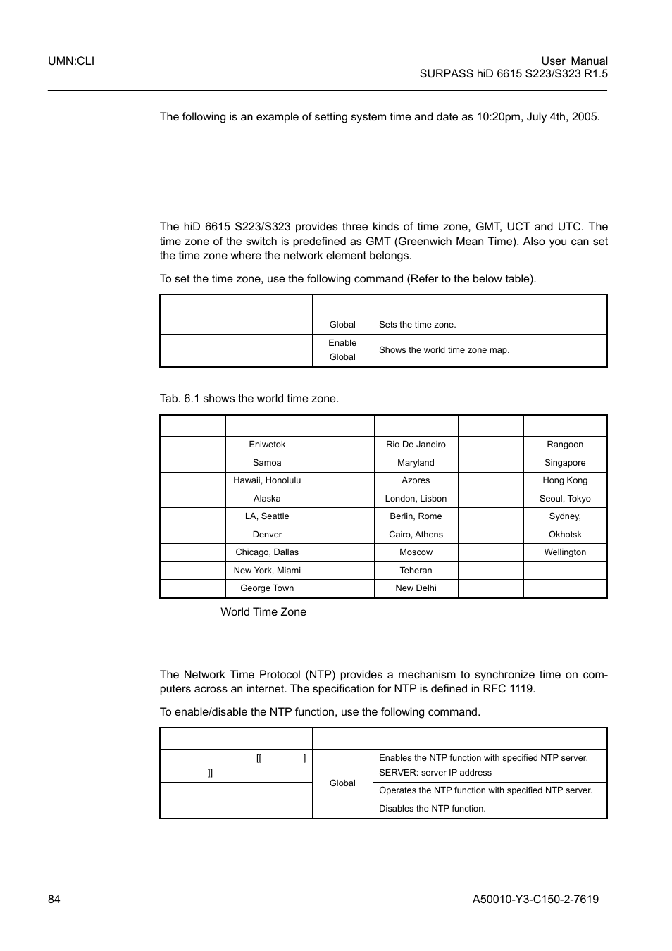 3 time zone, 4 network time protocol, Time zone | Network time protocol, Tab. 6.1, World time zone | Siemens S223 User Manual | Page 84 / 381