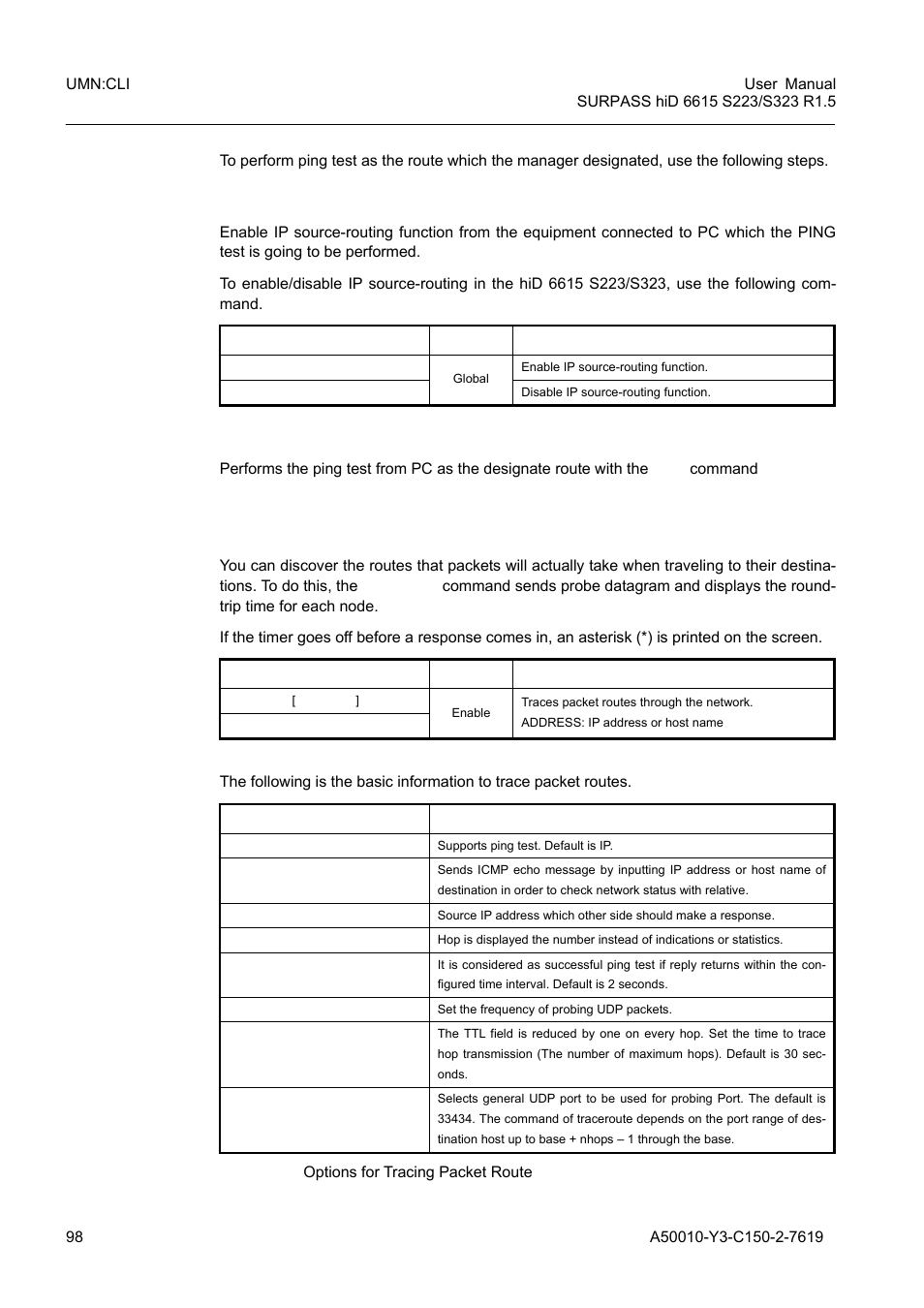 3 tracing packet route, Tracing packet route, Tab. 6.4 | Options for tracing packet route | Siemens S223 User Manual | Page 98 / 381