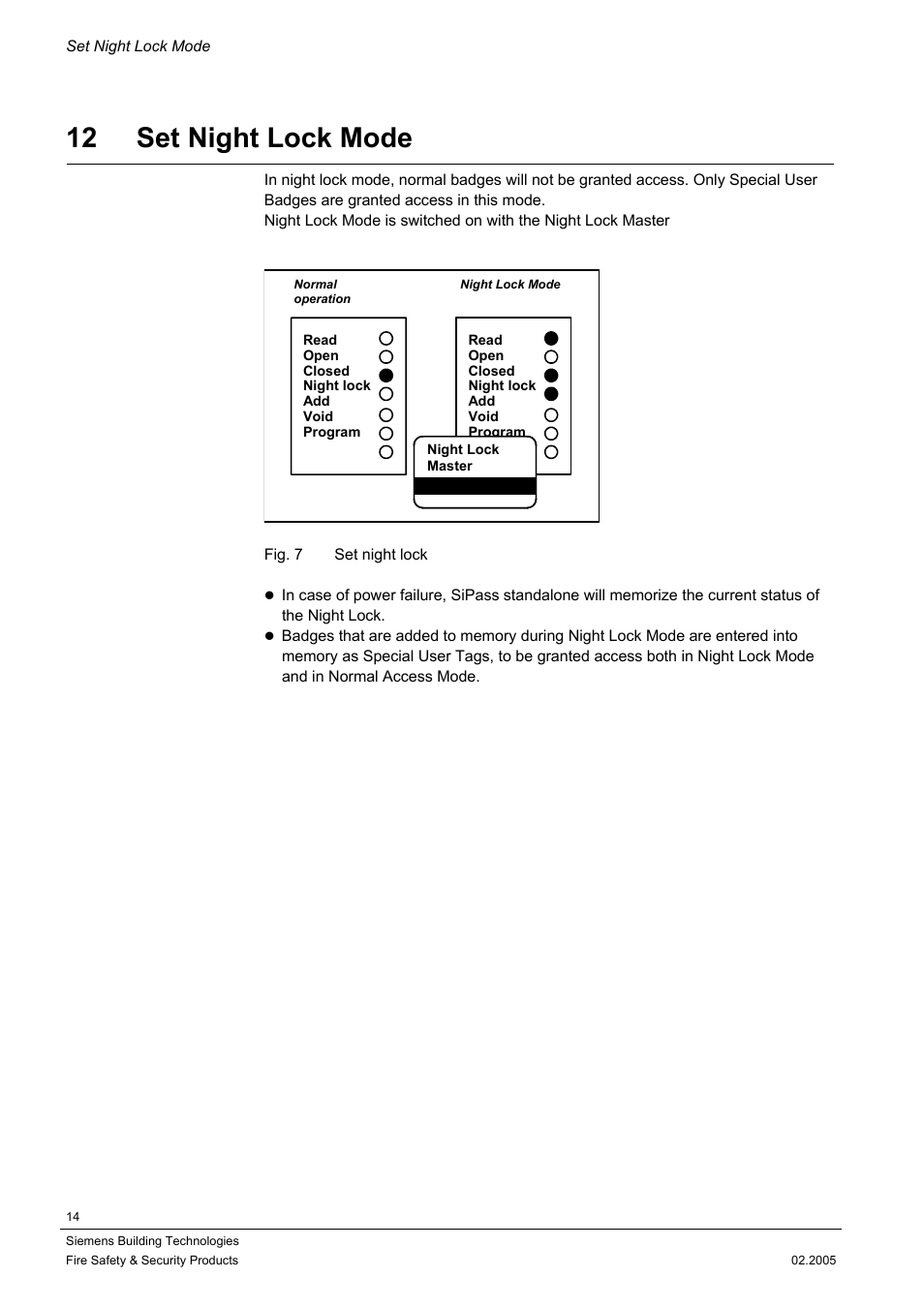 Set night lock mode, 12 set night lock mode | Siemens SIPASS STANDALONE ACS3110 User Manual | Page 14 / 20