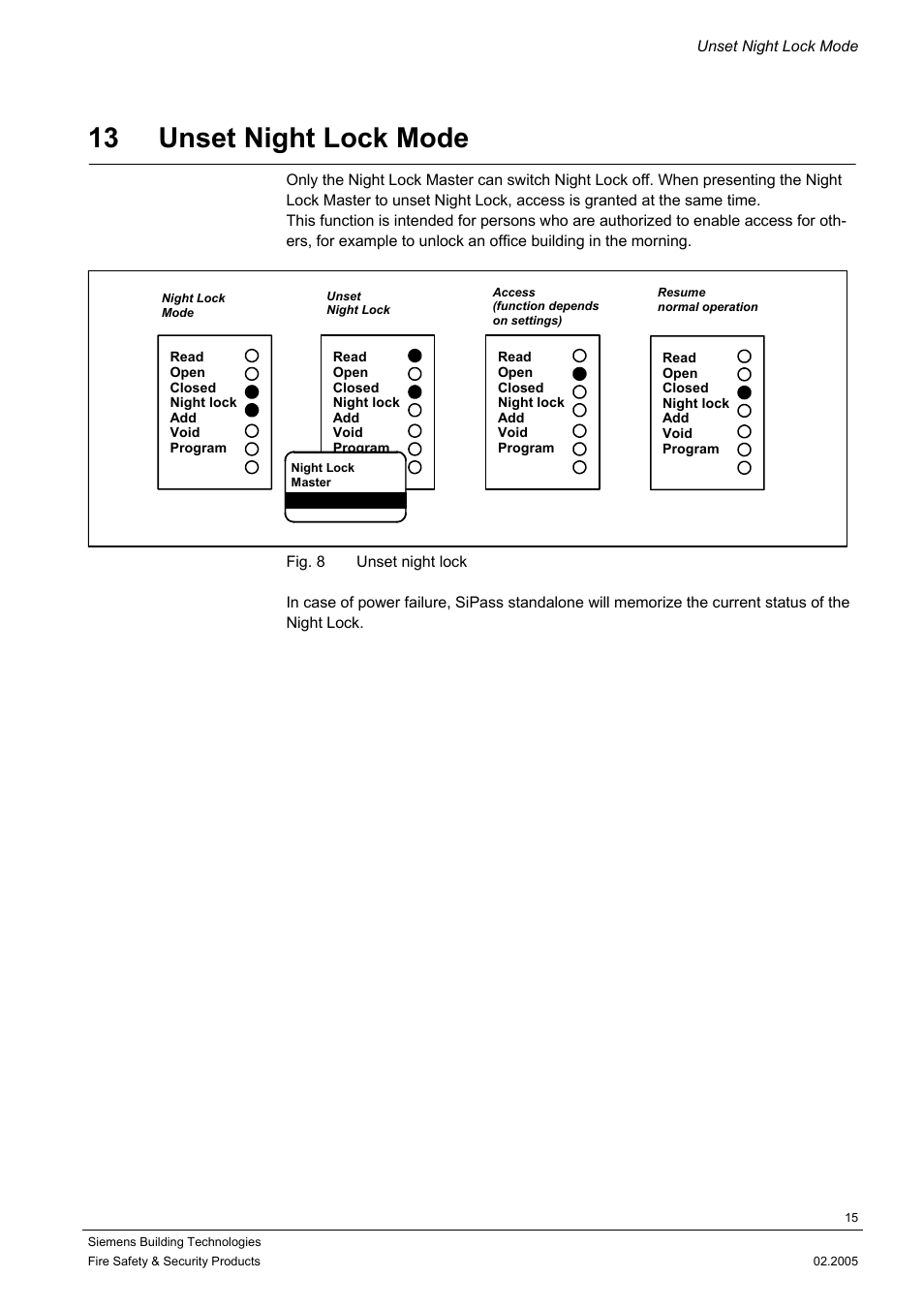 Unset night lock mode, 13 unset night lock mode | Siemens SIPASS STANDALONE ACS3110 User Manual | Page 15 / 20