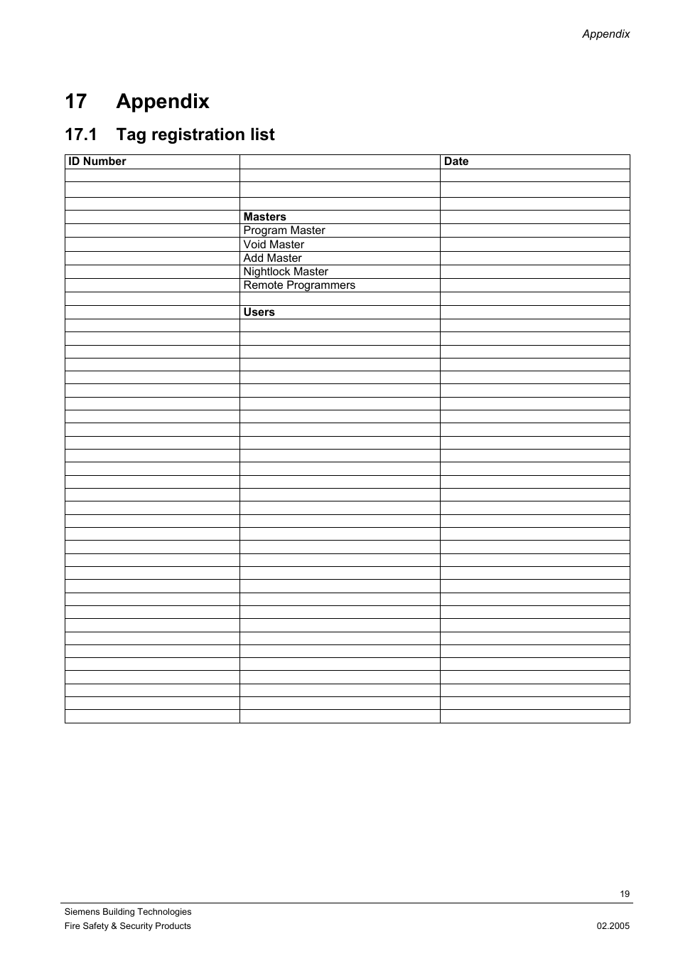 Appendix, Tag registration list, 17 appendix | 1 tag registration list | Siemens SIPASS STANDALONE ACS3110 User Manual | Page 19 / 20